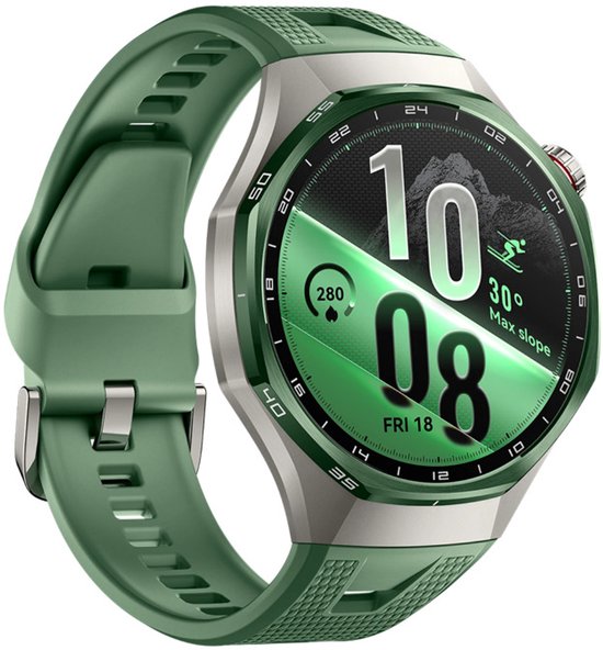 Groene Huawei smartwatch met een zilverkleurig frame en een digitale wijzerplaat met ski-icoon en datum.
