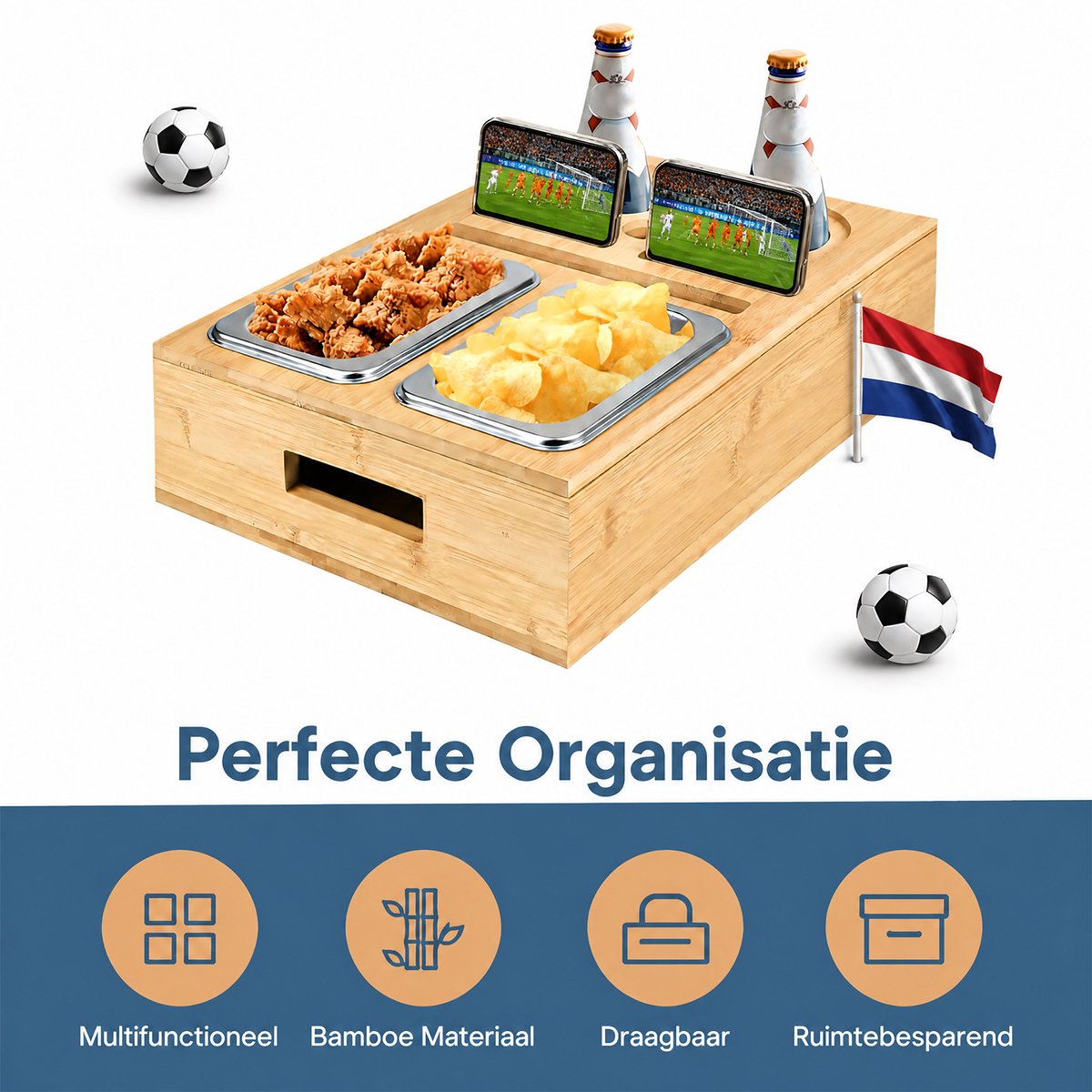 Houten Tafel Organizer - Snack- en Drankhouder met 2 Bakjes en 2 Flessenhouders - Houten Opbergbak voor Snacks, Glazen en Flessen - Tafeltray met Onderzetters en Telefoonhouder - Dienblad van Bamboe — cadeau in Koken & Dineren - foto 6