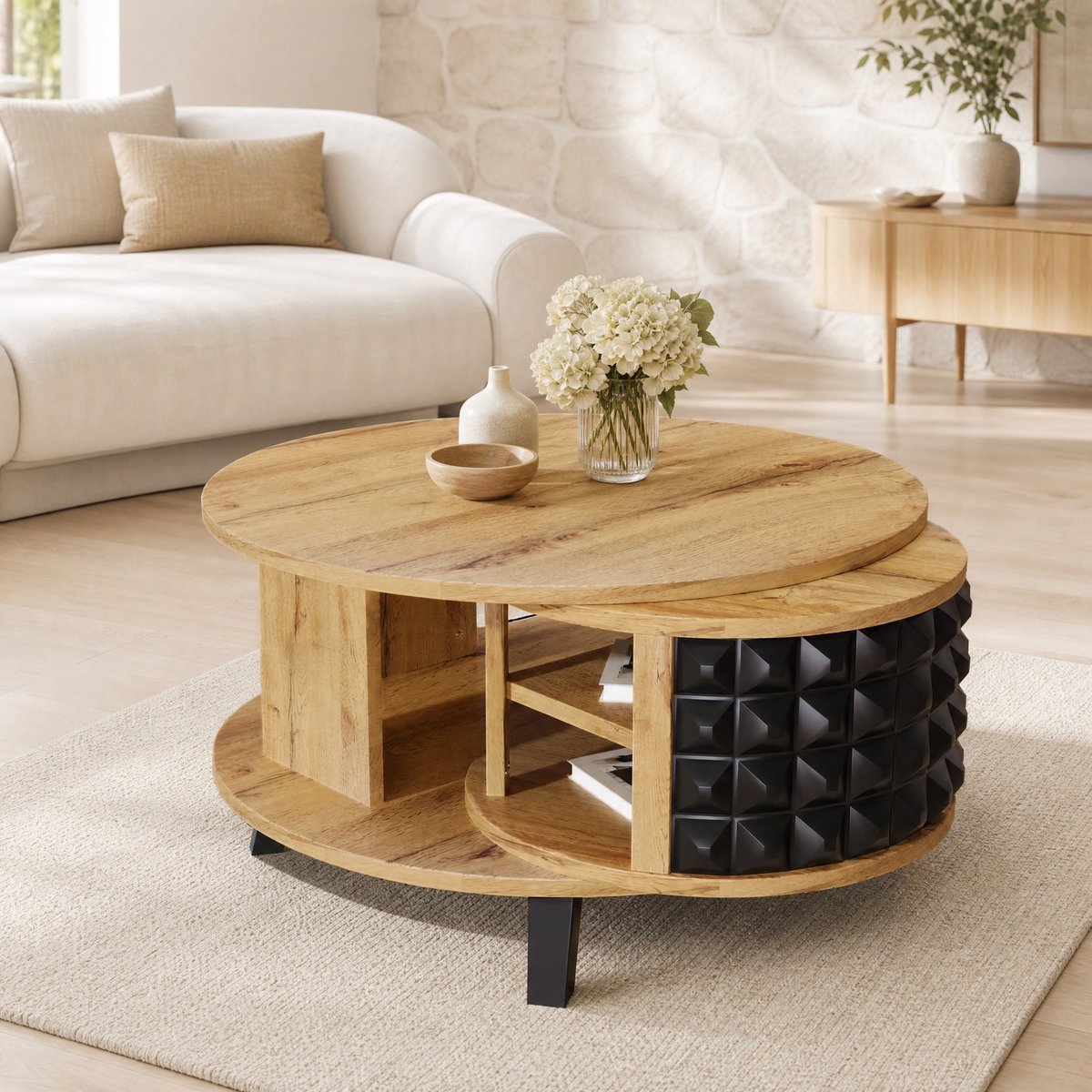 MEUNIQ Ronde salontafel 85,2 x 80 x 45,2 cm met dubbel blad, 360° draaibare verborgen opbergruimte, houtlook en zwart voor woonkamer