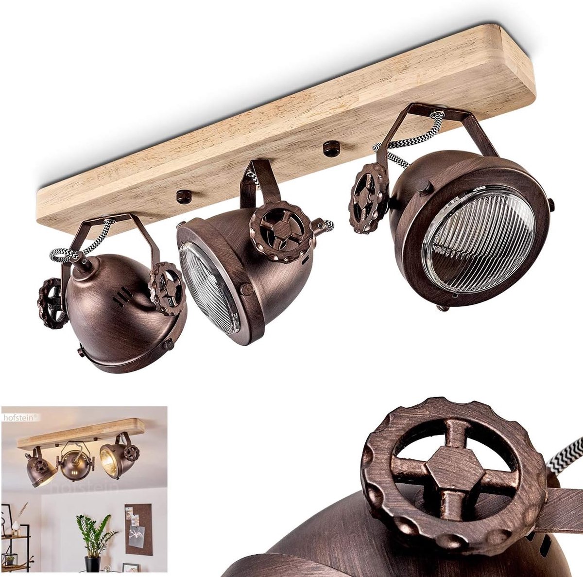 Plafondlamp Herford, verstelbare plafondlamp van metaal/hout/glas in bruin/koper/natuur, 3 lampen, 3 x GU10-fitting, draai- en kantelbare spot in retro design, zonder gloeilampen