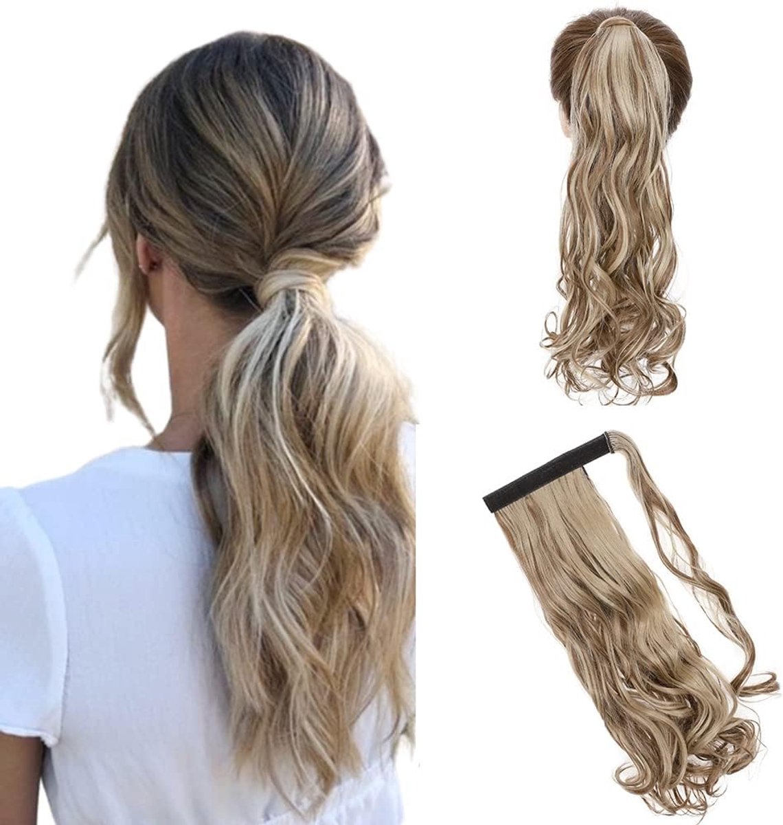 Clip-in extensies, haarstukje, vlecht, paardenstaart, golvend, haarverlenging, echt natuurlijk kunsthaar, net echt haar, wrap op paardenstaart, div. kleuren, 43 cm, lichtbruin en asblond