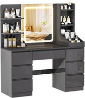 Coiffeuse Devoko avec miroir LED et commande tactile – 3 couleurs de lumière et dimmable en continu – 7 tiroirs et 8 compartiments de rangement ouverts – 108 × 40 × 139 cm – Gris haute brillance