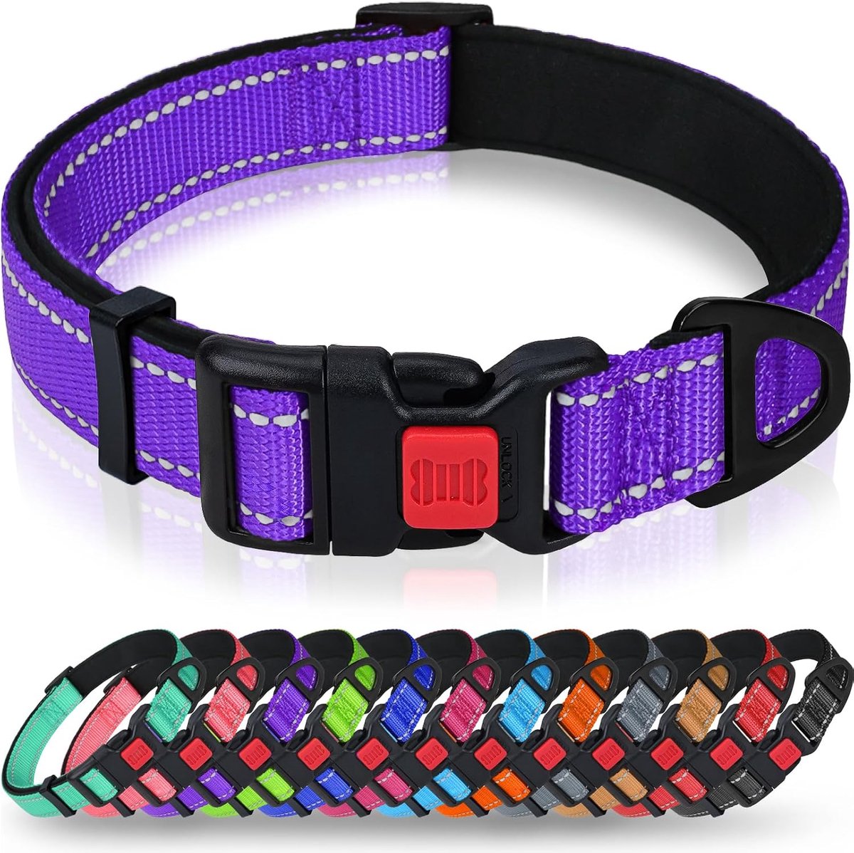 Reflecterende nylon hondenhalsband met veiligheidsgesp, verstelbare halsband, zachte neopreen voering, voor middelgrote honden, paars