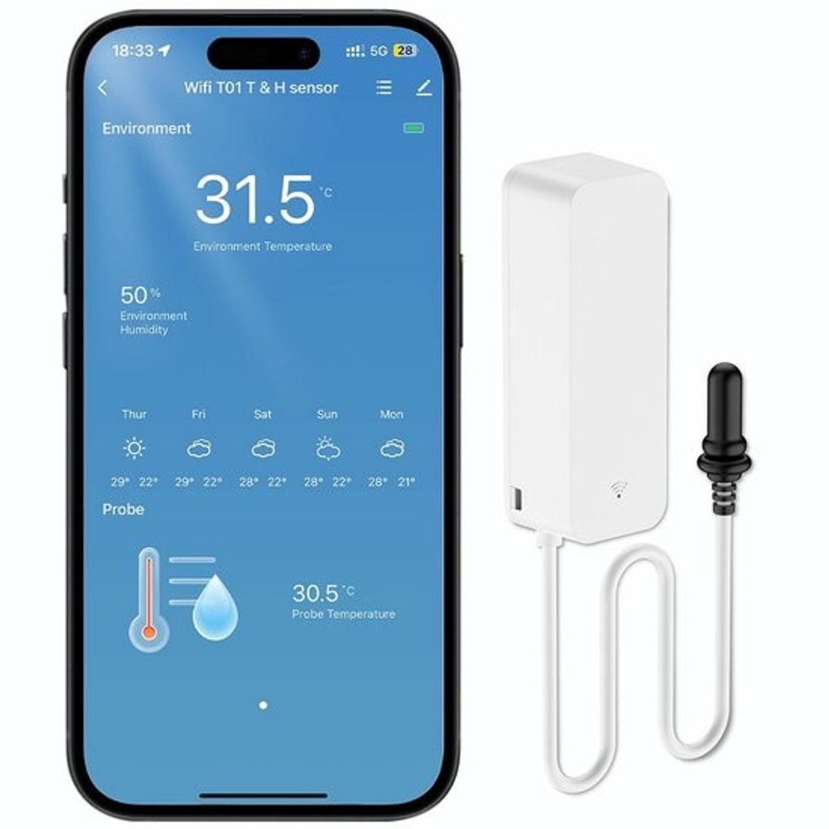 Draadloze Temperatuur en Vochtigheid Sensor met Externe Meetpen voor Thuis en Kantoor