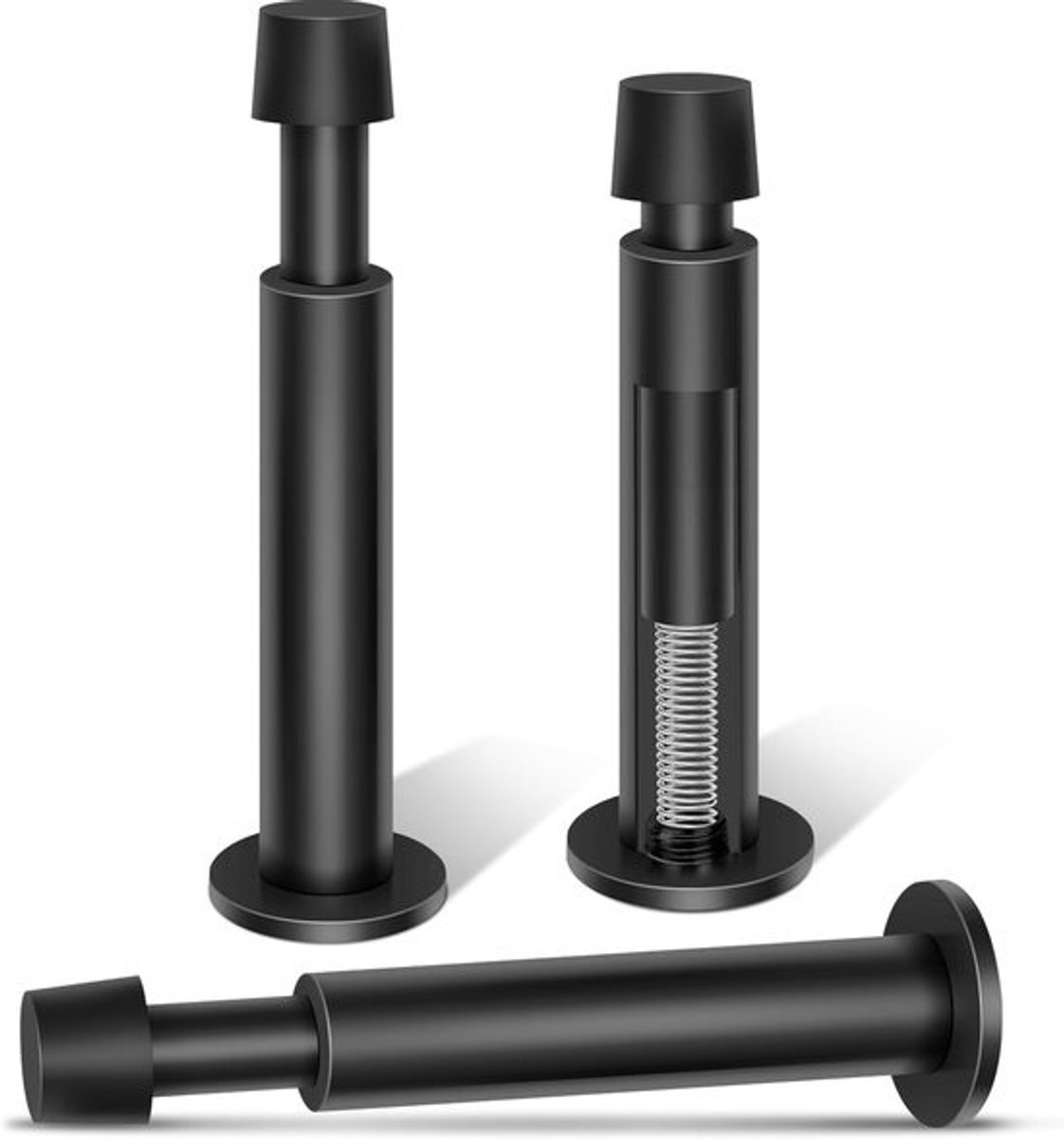 Deurstoppers 3-pack - Muurbevestiging stoppers - Muren beschermen - Veerbelast met rubber - 112 mm lang - Zwart