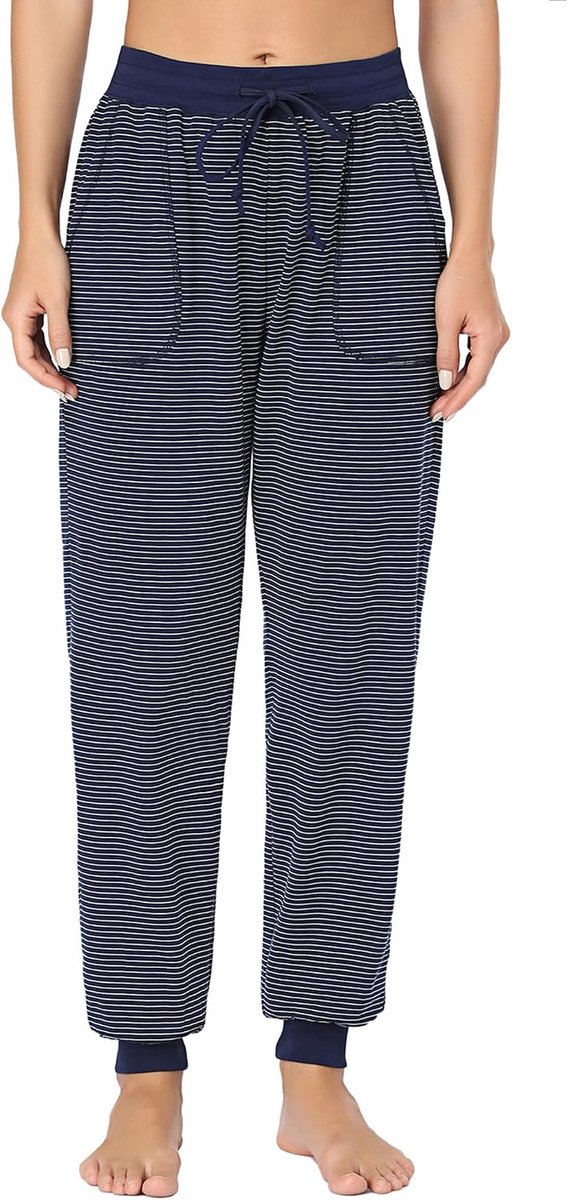 Pyjamabroek voor dames, lang, katoen, pyjamabroek, winter, warm, nachtkleding, gestreepte vrijetijdsbroek, slaapkleding, S-XL, B-marineblauw, L