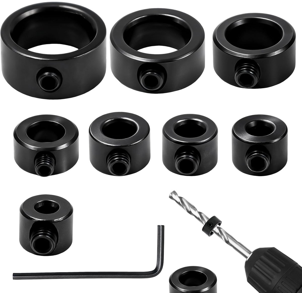 8 diepteaanslag voor boren, 3/4/5/6/8/10/12/16 mm diepteaanslagringen, set boor, standregelaar, ring met inbussleutel, dieptestop voor boren, boordieptebegrenzer voor boren, houtbewerking