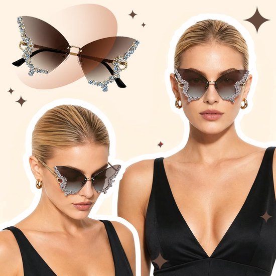 Zonnebril Dames - Randloze Vintage Modebril met Steentjes - Gradient Grijs - Inclusief Brillenzakje — afbeelding 4