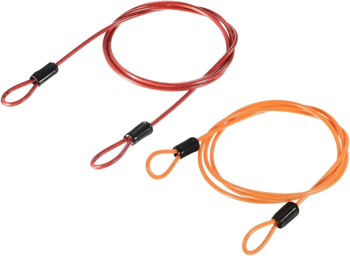 2 Stuks 2.5mm x 1m Coated Veiligheidskabel - Dubbele Lus Flexibele Beveiligingskabel voor Fietsen, Bagage en Outdoor Activiteiten in Rood en Oranje
