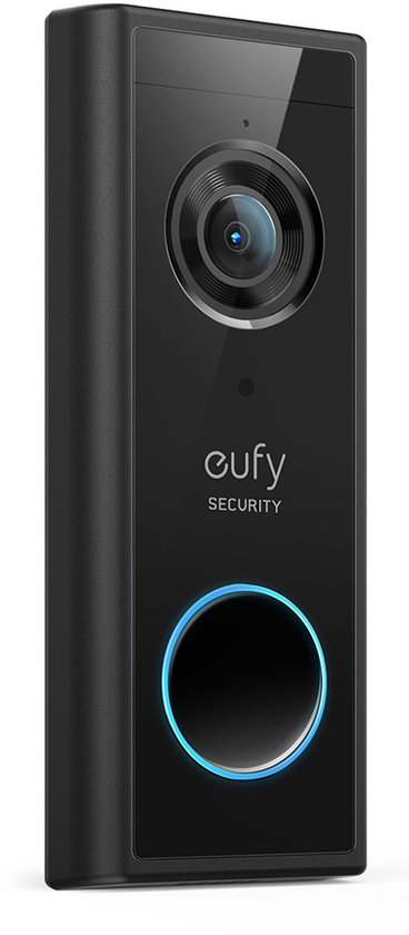 Sonnette vidéo eufy noire avec caméra HD 2K et anneau bleu lumineux.