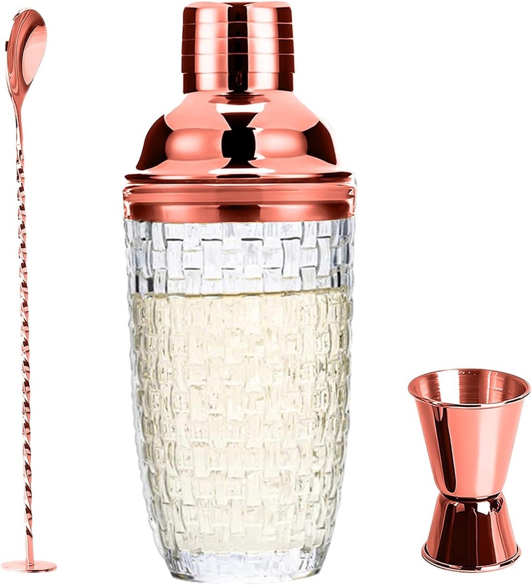 Cocktailshaker van 400ml van helder glas met roestvrijstalen deksel en zeef, ideaal voor het maken van cocktails, mixed drinks en sapjes in stijl