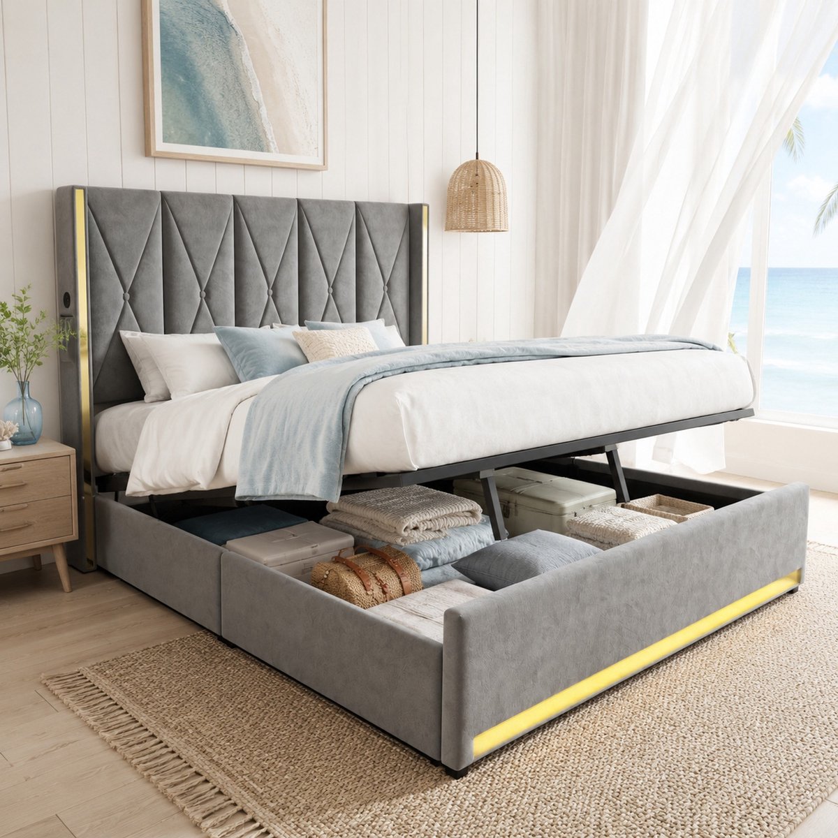 MEUNIQ tweepersoons opbergbed 180 x 200 cm met hoog gecapitonneerd velours hoofdbord, zijvakken, hydraulische lattenbodem, USB, Type-C en LED in donkergrijs