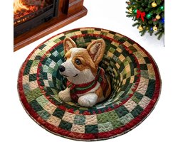 3D Corgi Dog Christmas Rug, Optical Illusion Round Area Carpet for Living Room, Ultra-Soft Crystal Velvet Non-Slip Floor Mat, Holiday Home Decor for Bedroom, Kids Room & Pet Area (Green/Red, 60*60cm)