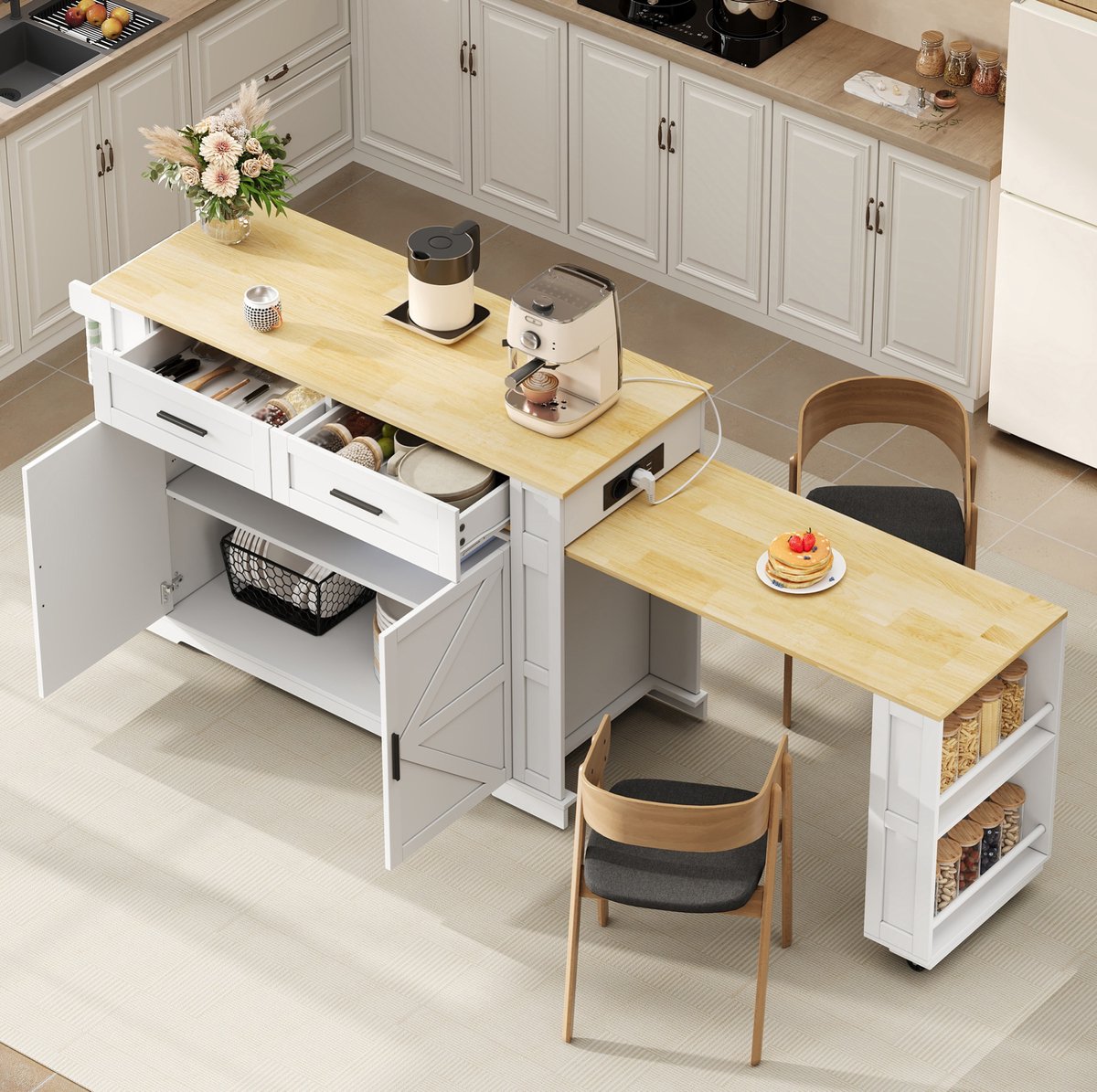 REDOM Keukeneiland - Uitschuifbaar werkblad - 2 lades en dubbeldeurs kast - Stekkerdoos met USB - MDF - Wit en naturel - 130(205) x 50 x 93 cm Naturel en wit