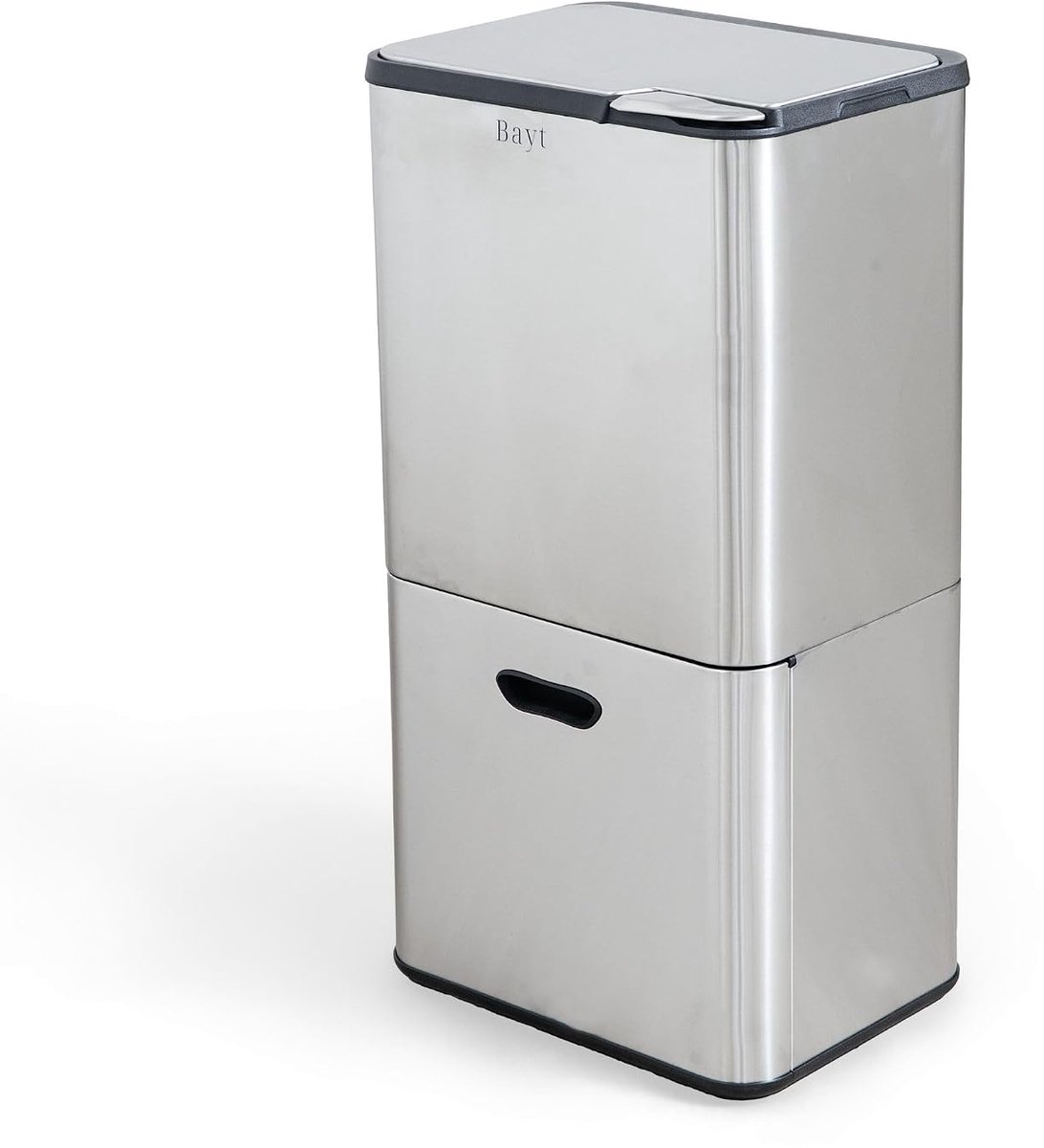Prullenbak 60 Liter, Keukenafvalbak met Dubbel Compartiment van 27 & 33 Liter, Prullenbak van Roestvrij Staal voor Afvalscheiding, Zilver