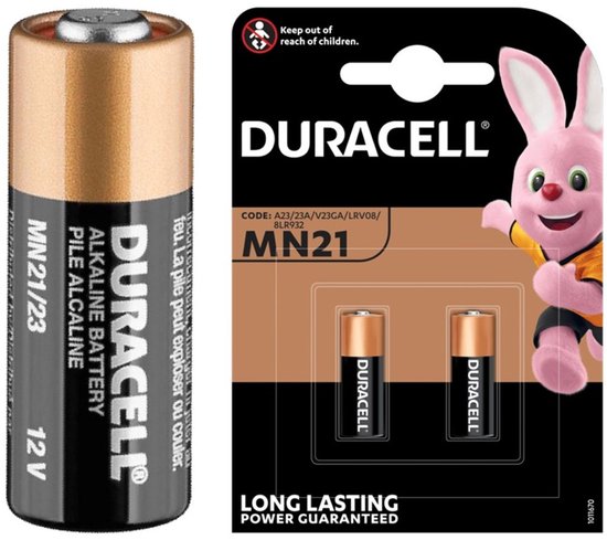 Duracell MN21 alkaline batterij, 12V, in verpakking met een roze Duracell konijn.