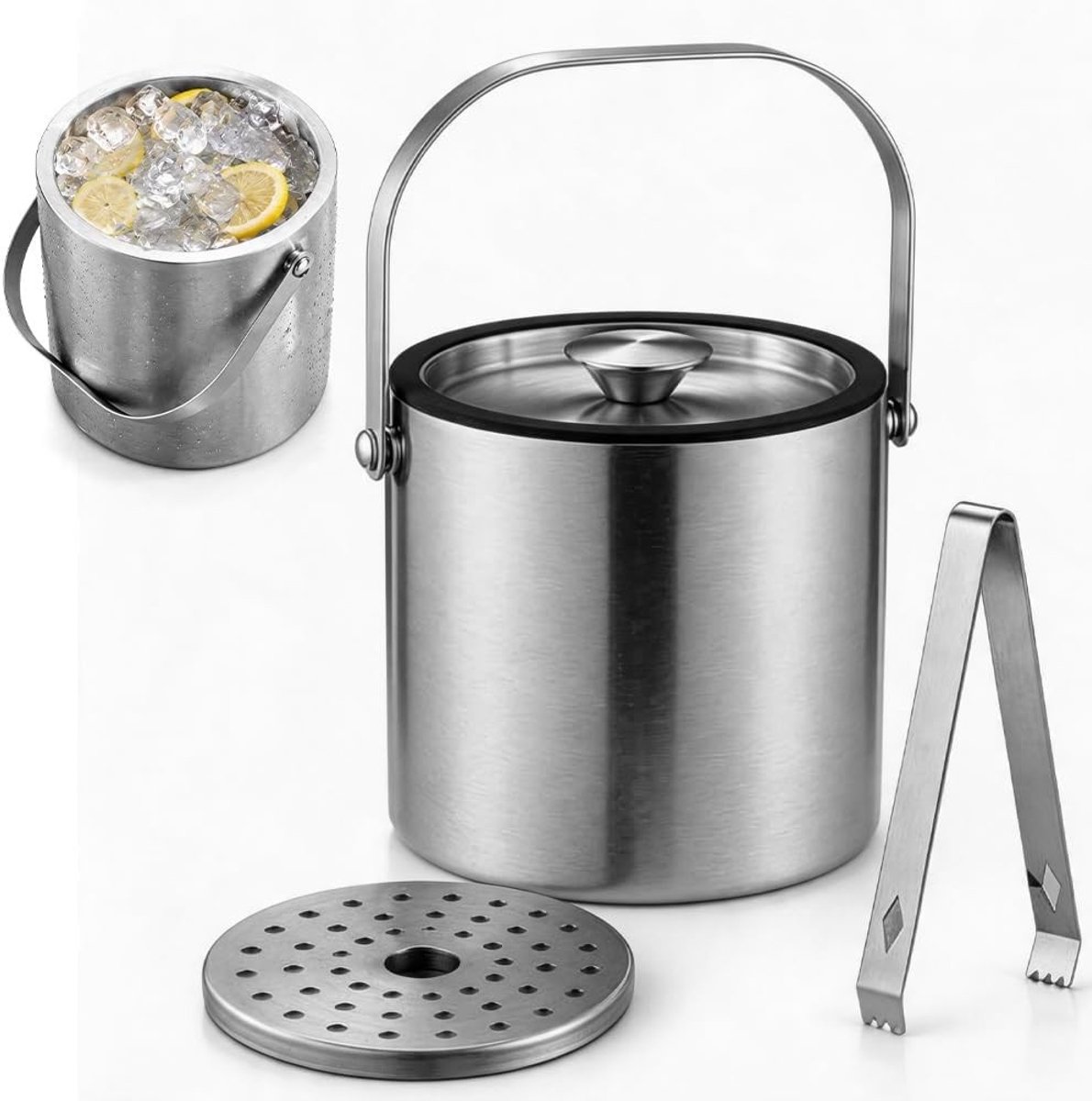 Stainless Steel IJsblokjeshouder met Deksel en Tang, Dubbelwandige Geïsoleerde IJscontainer voor Thuisfeest en Bar, Perfect voor Koelen van Bier en Wijn