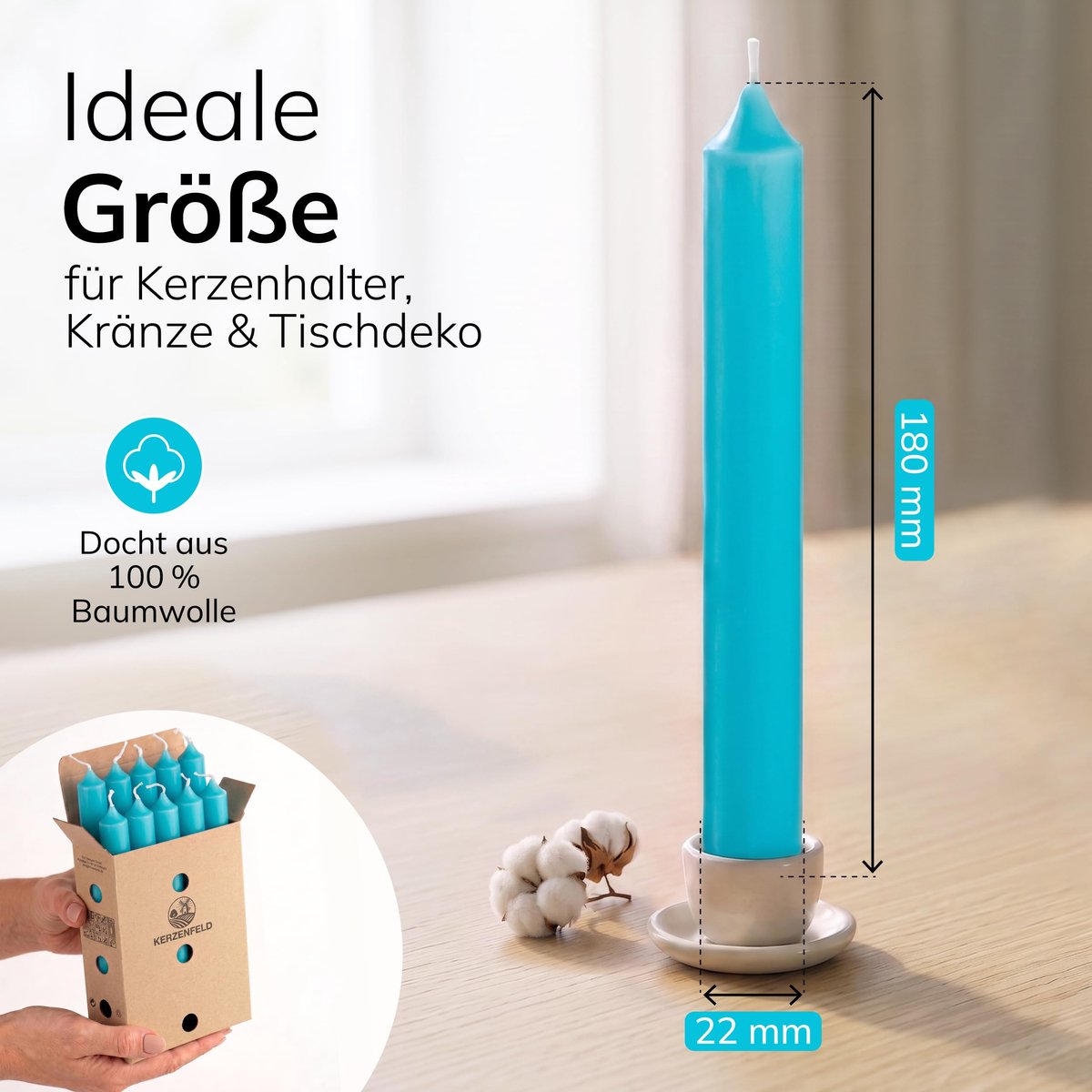 Stokkaarsen 180 mm - turquoise - 10 stuks - 7+ uur brandduur - Made in Germany - ShopVlot