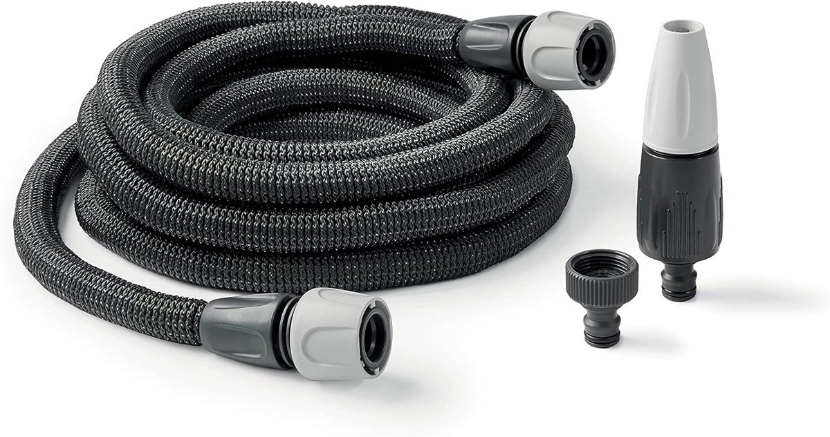 SRL Aquapop Grey Easy 10, 10 m zelfrekbare weefselslang, gemaakt in Italië, met mini-lans en aansluitingen, voor het besproeien van tuin en balkon, donkergrijs