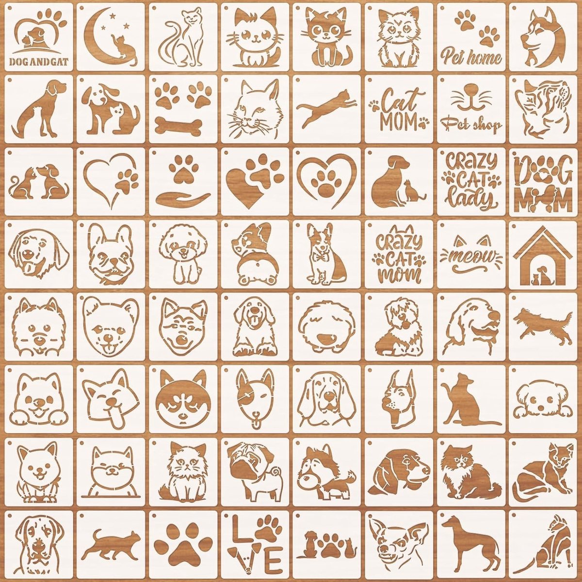 64-delige DIY sjablonen set voor knutselen - Dieren en Hartvormen - Herbruikbare plastic sjablonen voor schilderen en wanddecoratie - 12,7 x 12,7 cm