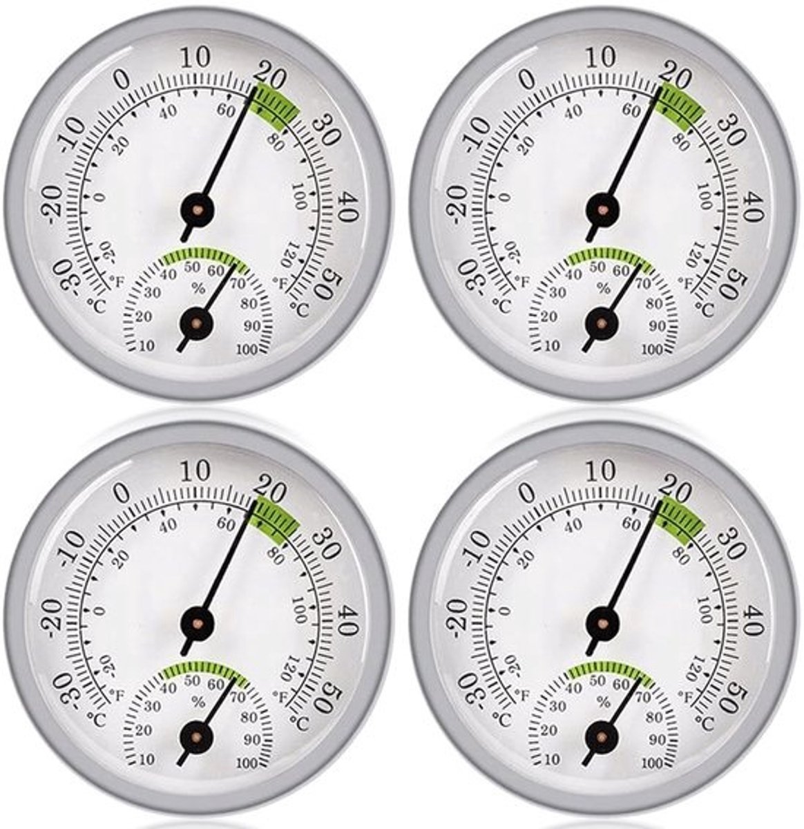 Set van 4 Analoge Thermo-hygrometers voor Binnen en Buiten met Klokfunctie