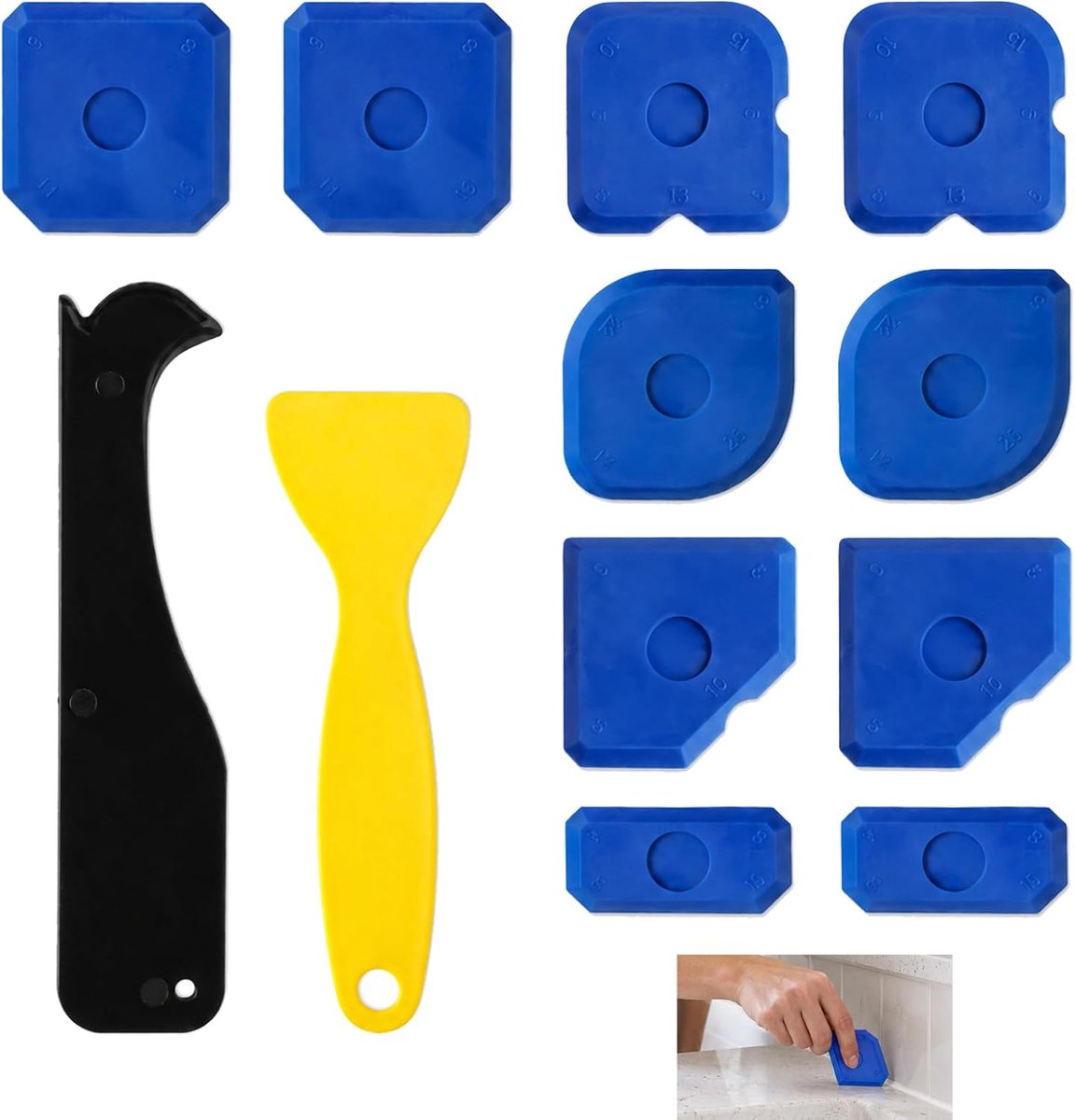 Set van 12 siliconen afdichtingsgereedschap, siliconen trekker, kit met 10 zachte opzetstukken en 2 3-in-1 schrapers, afwerkingsspatels voor keuken, badkamer, douche, gootsteen