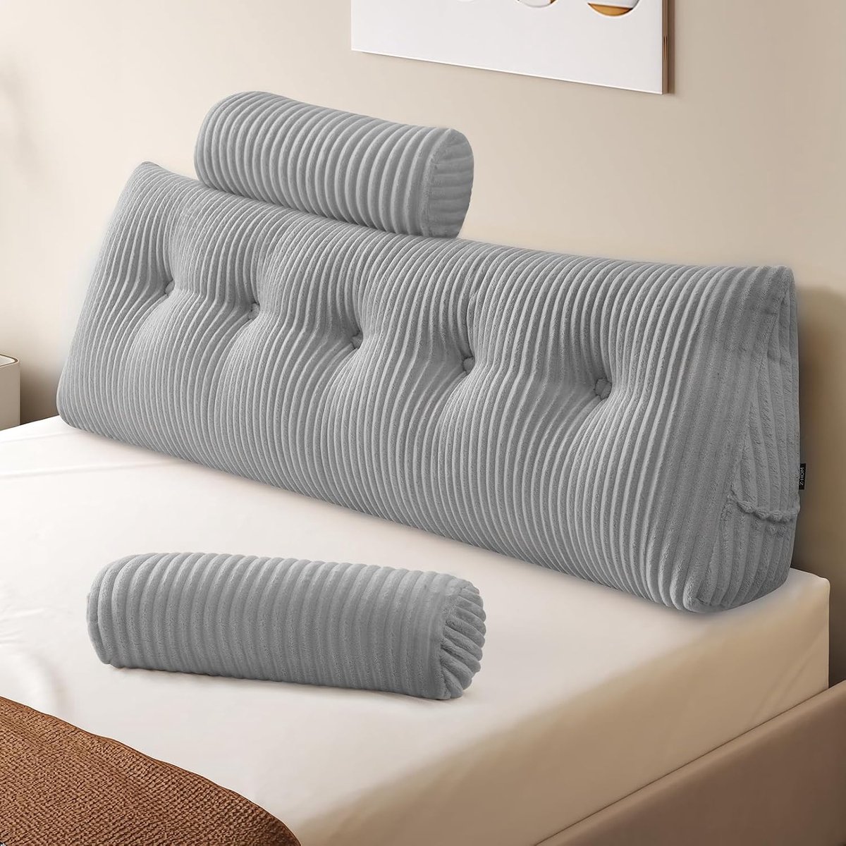 Boekenkussen, wigvormig kussen, leeskussen voor bed en bank, gezellig rugkussen, praktisch zijvak, verwijderbare hoes, met rond hoofdkussen (lichtgrijs, 150 x 50 x 20 cm)