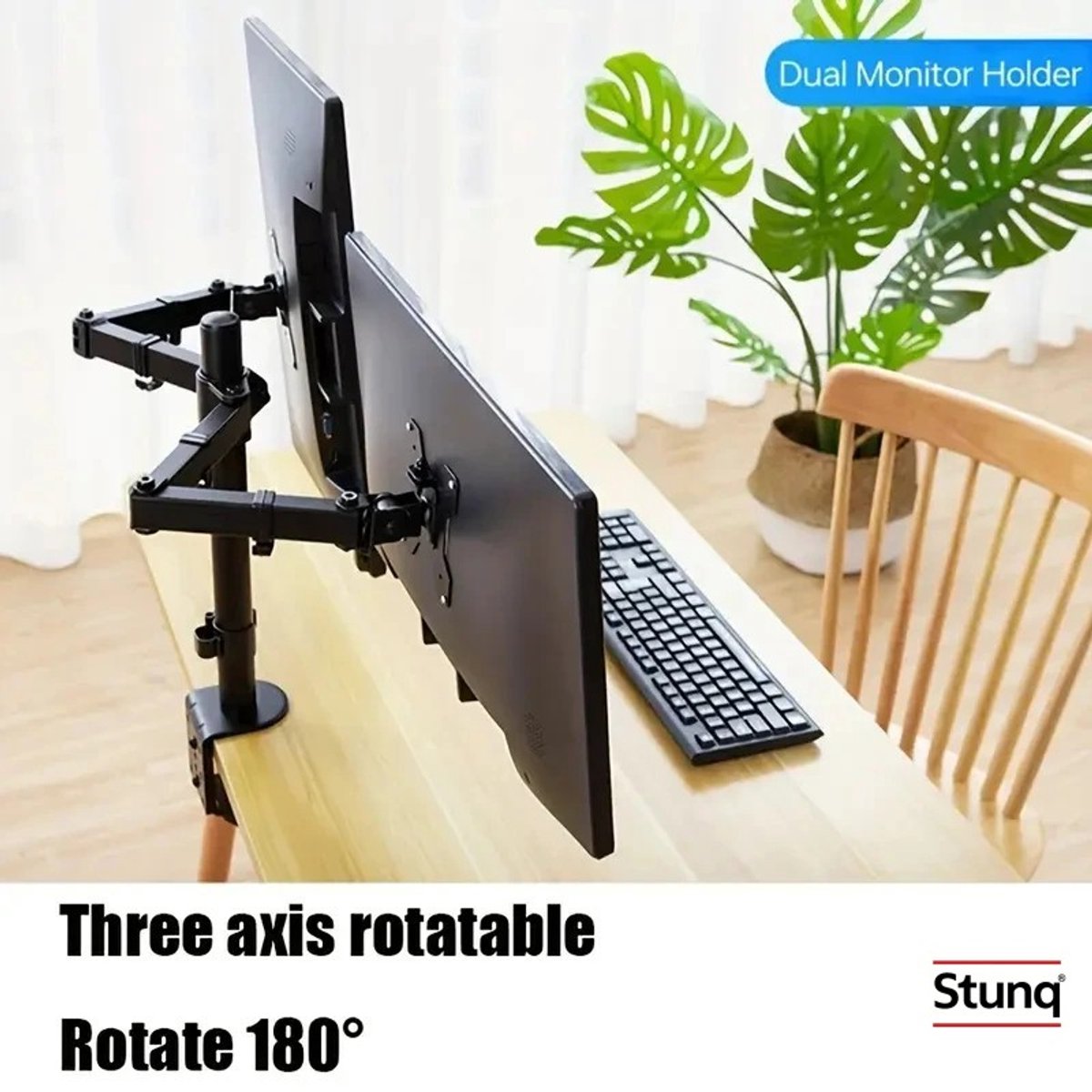 Image of Stunq® Dubbele Monitorstandaard Zwart - Vrijstaand Verstelbaar tot 27 inch - Kantelbaar, Draaibaar en Roteerbaar - Inclusief Kabelmanagement