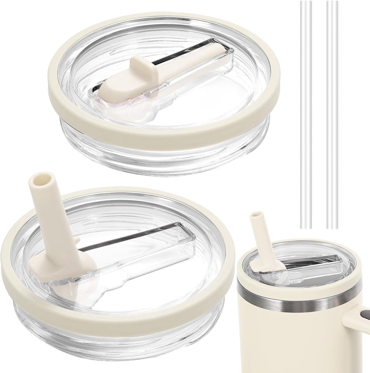 Set van 2 vervangende deksels voor 100 ml bekers met 2 transparante rietjes, herbruikbaar, lekvrij en stofdicht, ideaal voor onderweg en evenementen