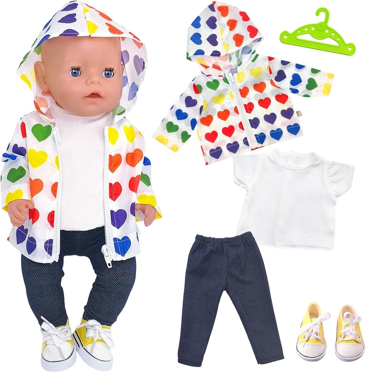 Kleurrijke kledingset voor 35-45 cm poppen met hartjasje, broek en accessoires voor meisjes speelgoed