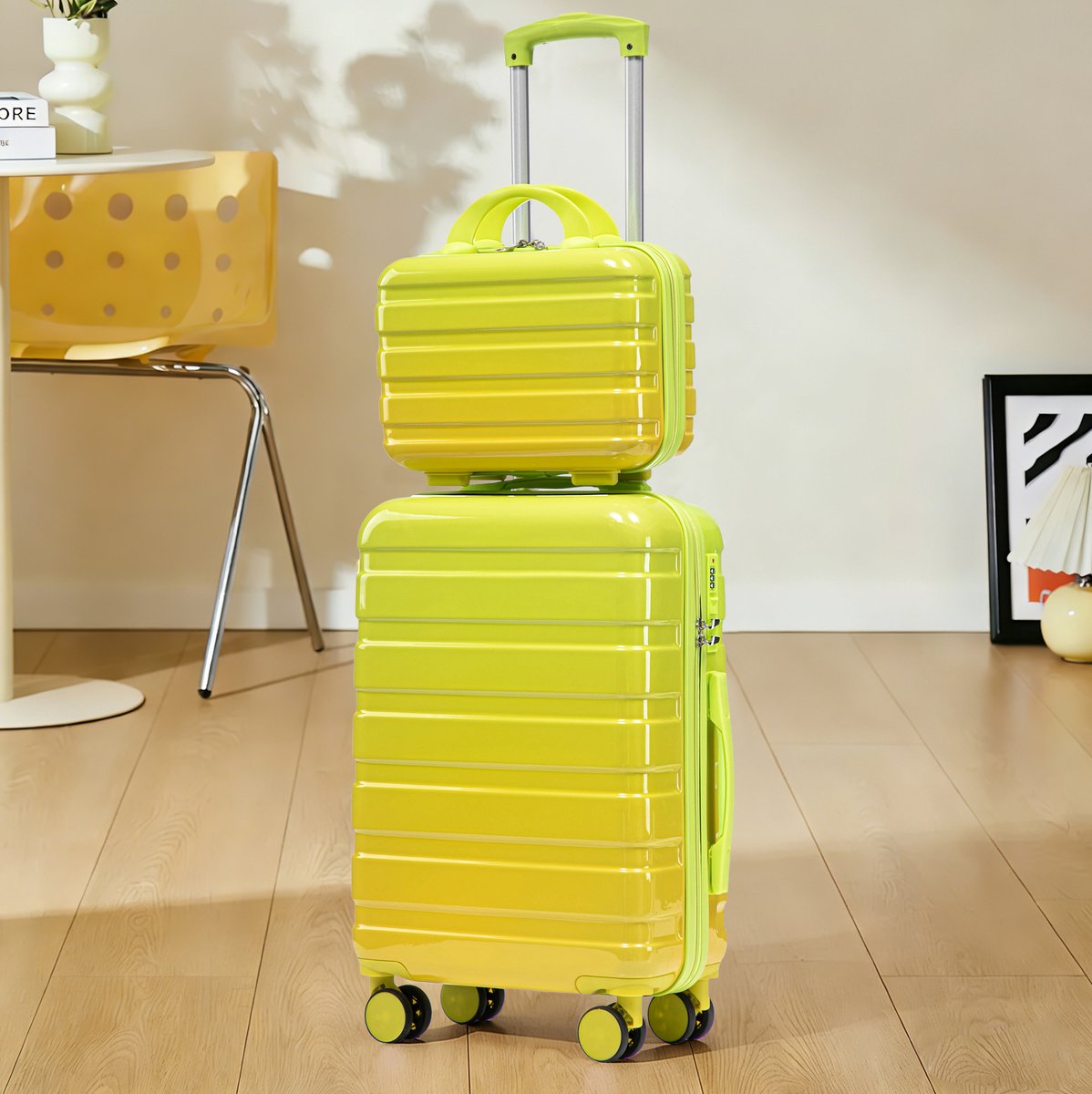 MEUNIQ 2-delige hardcase kofferset 20 inch spinnerkoffer met 14 inch afneembare cosmetische tas, cijferslot, 4 dubbele 360° wielen en telescopische handgreep, groen
