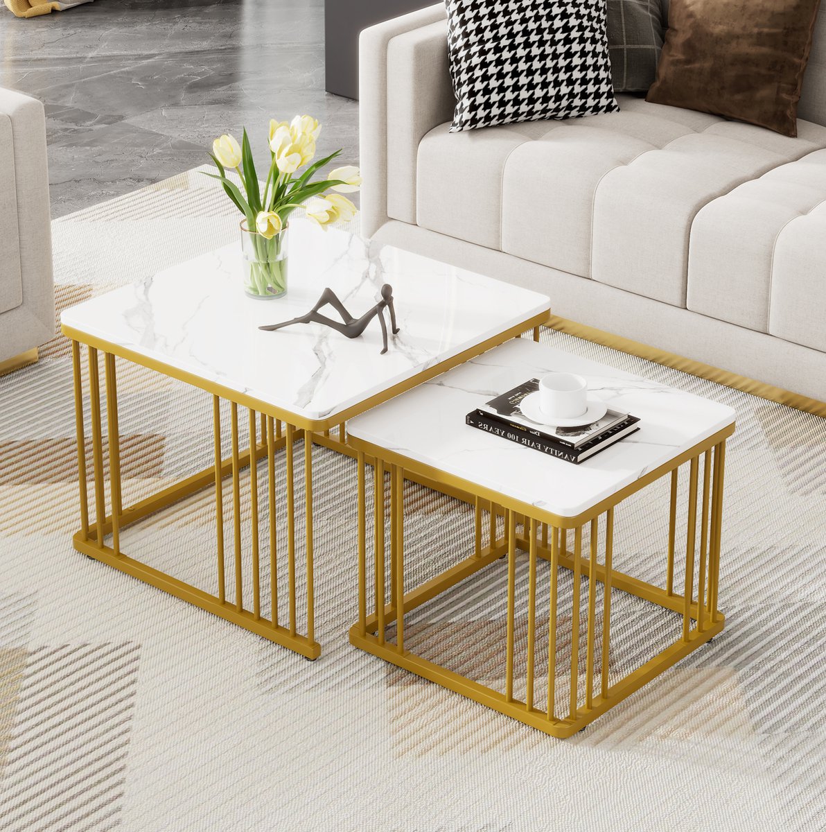 MEUNIQ set van 2 vierkante salontafels 60 x 60 x 45 cm en 45 x 45 x 40 cm – nestbaar, hoogglans marmerlook, gouden poten, wit