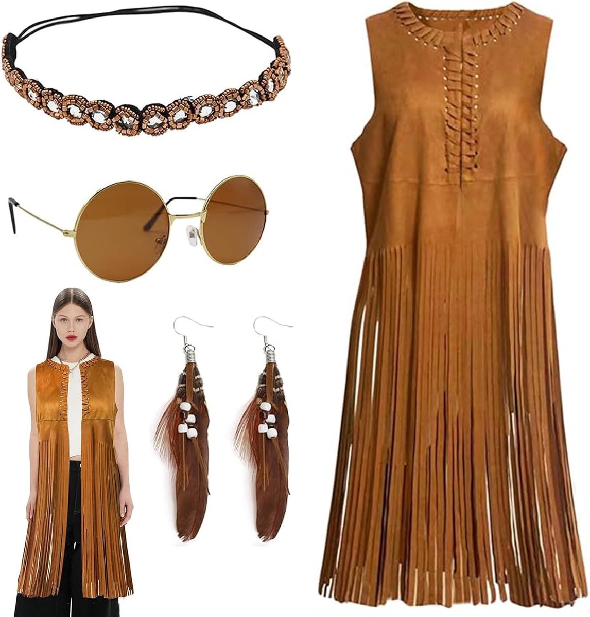 Hippie kledingaccessoire set met franjes, zonnebril, hoofdband, oorbellen en ketting voor carnaval en Halloween