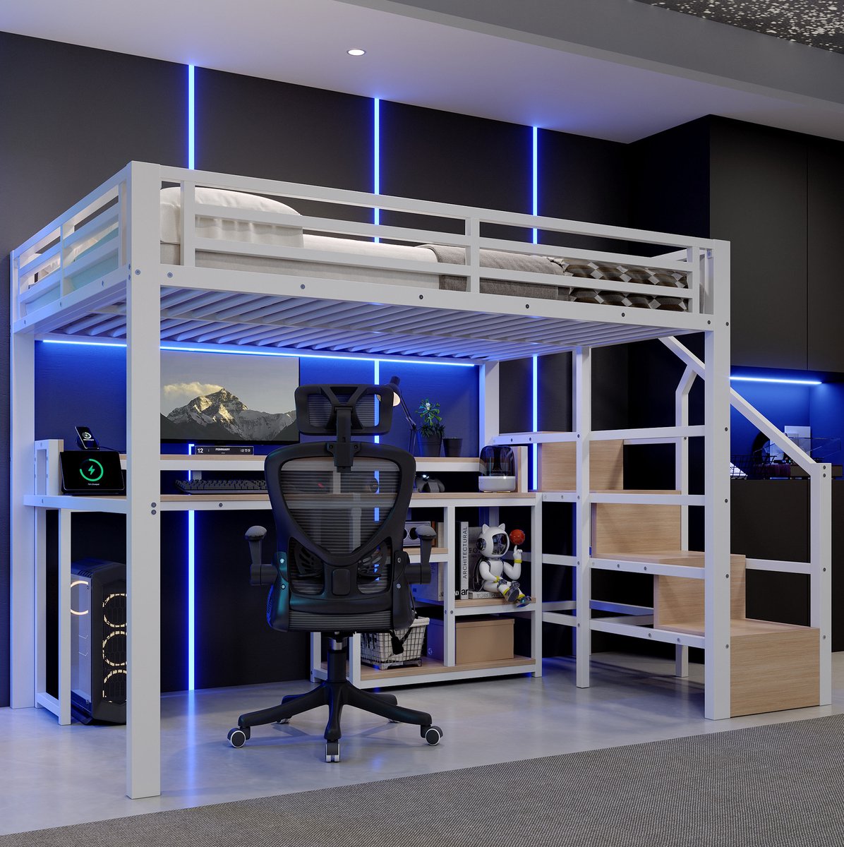 MODENUIT Hoogslaper – 140 x 200 cm met Ledverlichting – Metaal en MDF – Wit – USB en Type-C-Aansluiting – Opladen