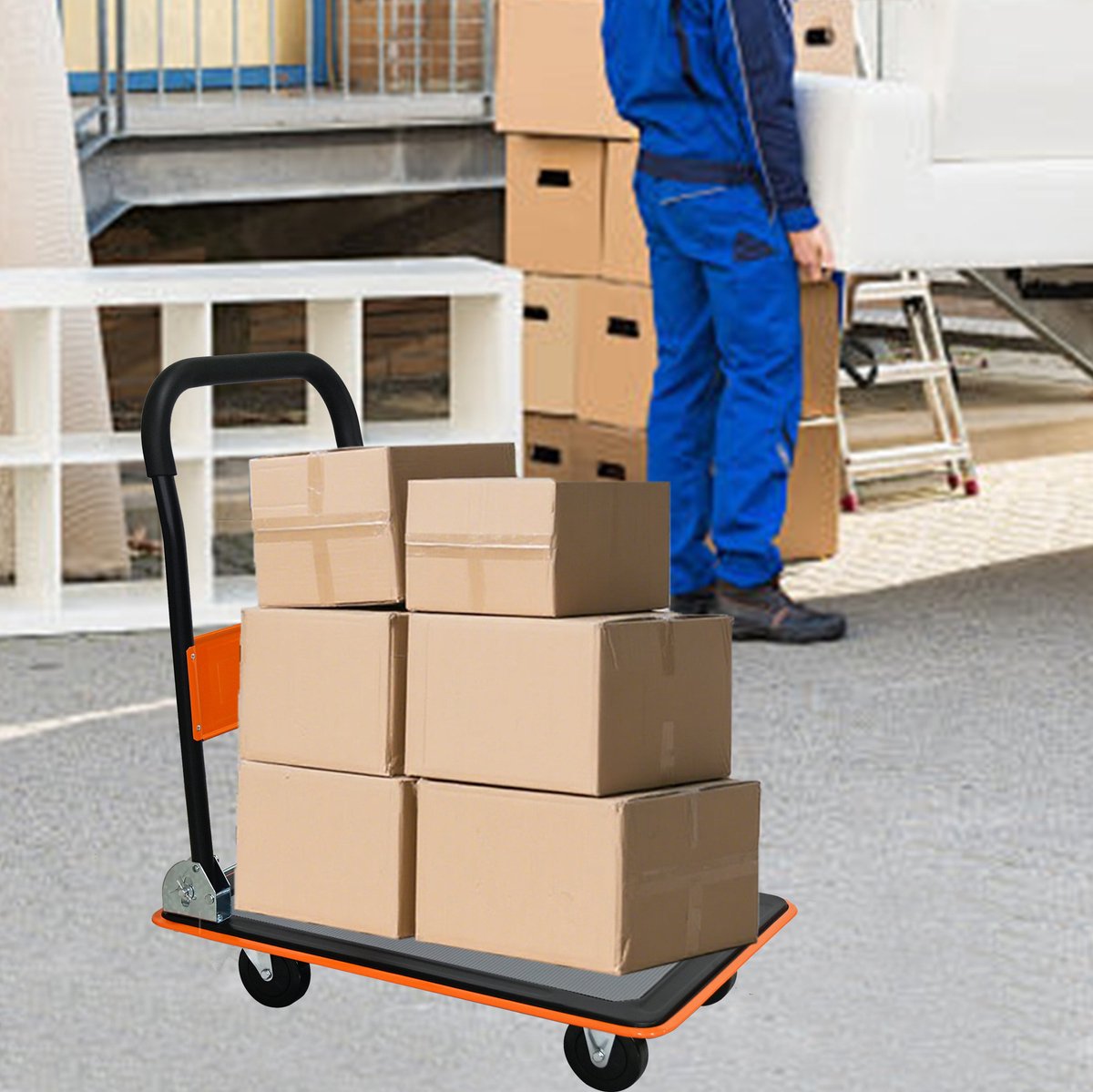 MEUNIQ Opvouwbare plateauwagen 73 x 47 x 83 cm – transportwagen met 150 kg draagvermogen, 360° zwenkwielen en antislipplatform, oranje