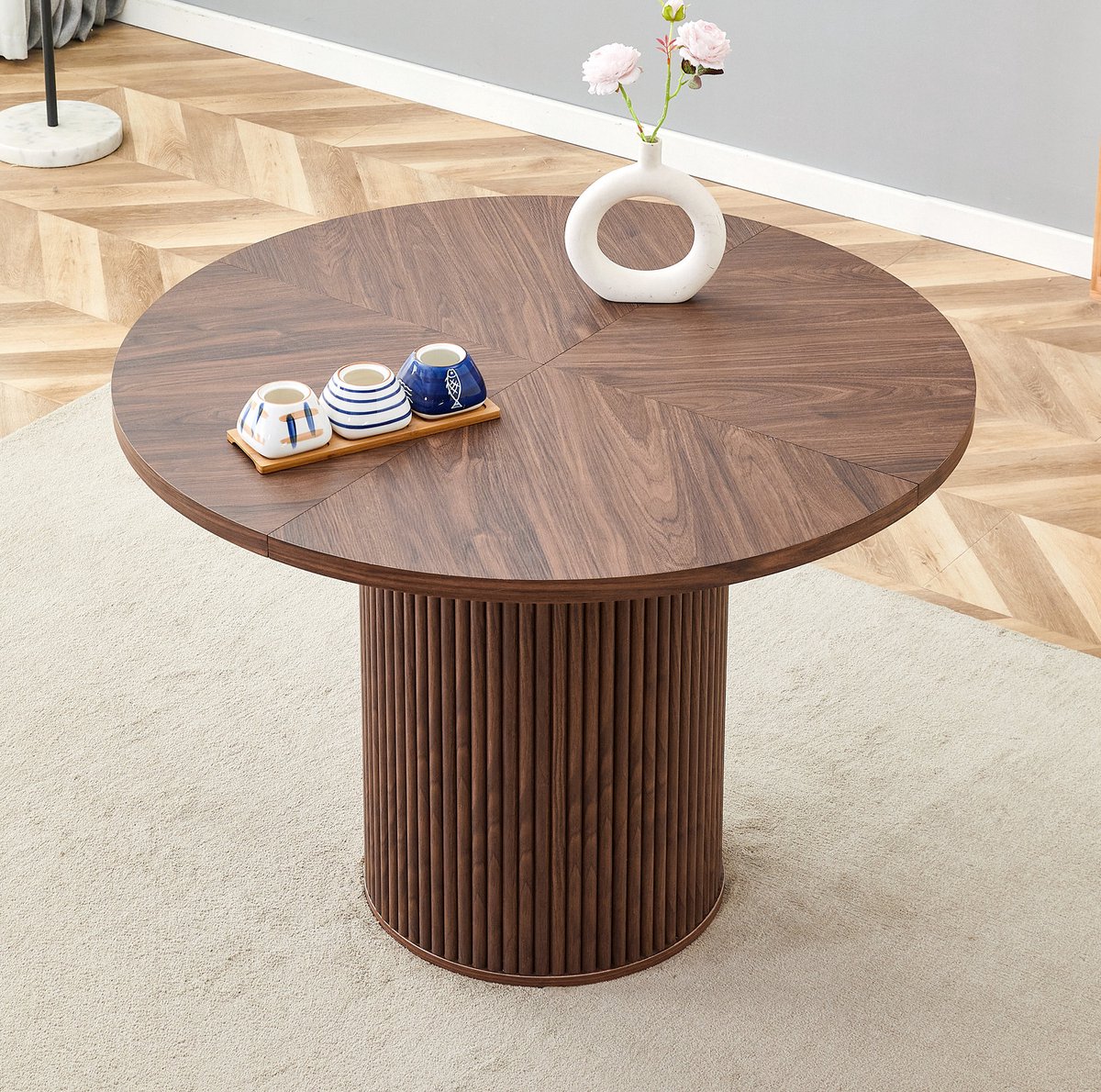 MODFU Ronde Eettafel - Zuilvoet - Modern - MDF - Walnootkleur - Ø100 Cm - 4-6 Personen