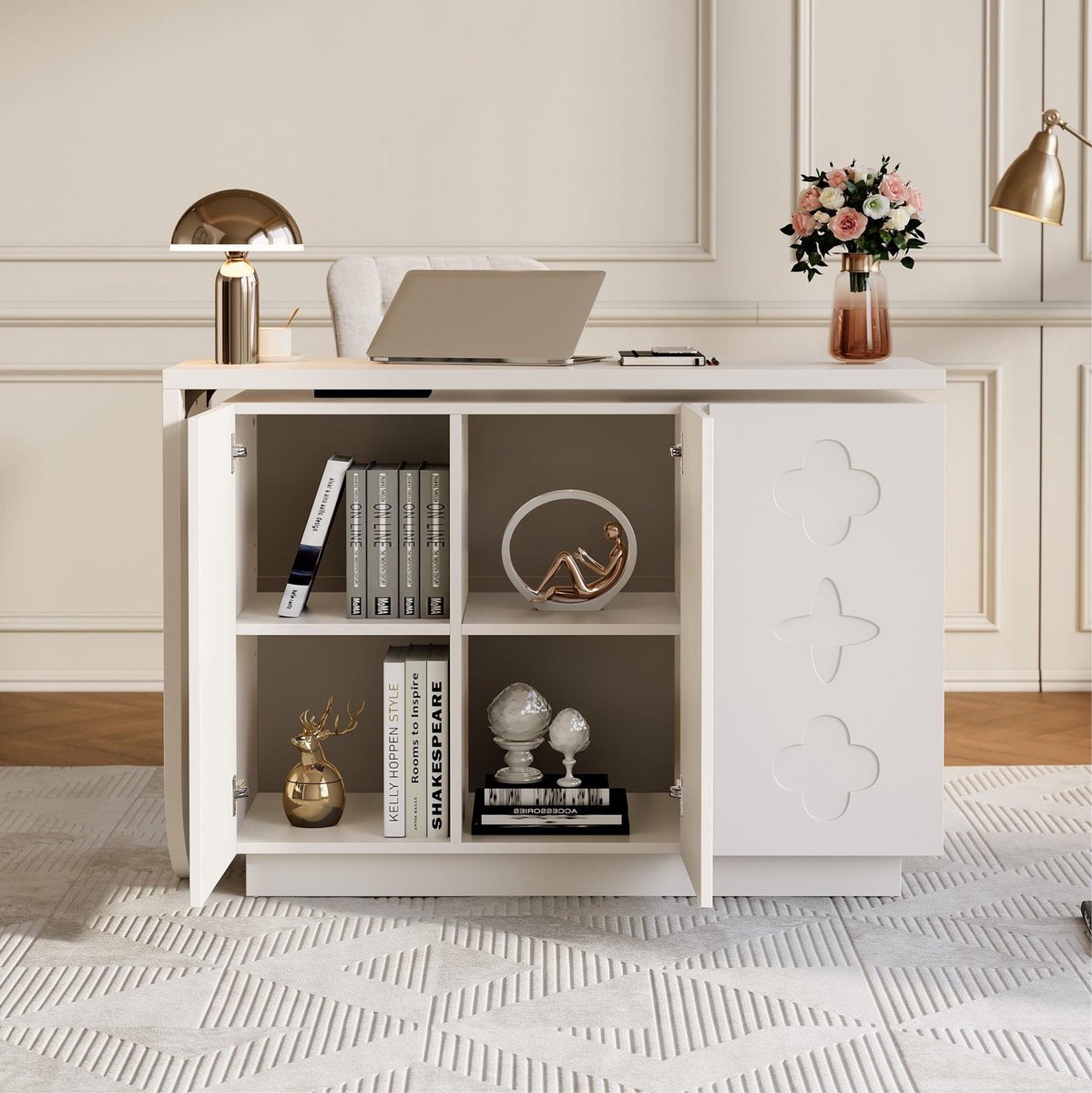 MEUNIQ draaibaar L-vormig hoekbureau 110 x 40 x 75 cm met 3 opbergkasten, verstelbare legplanken en inklapbaar werkblad voor kantoor of studeerkamer - Wit