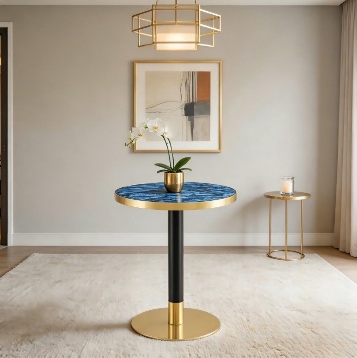 MODFU Bijzettafel - Ronde Marmerlook - Modern - MDF En Metaal - Blauw - 60 X 74 Cm