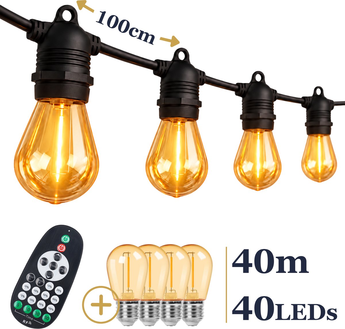 Odaily S14 Amber Lichtsnoer 40m - 40 LEDs - IP65 Waterdicht - Extra Warm Wit Licht - Dimbaar - Premium Kwaliteit