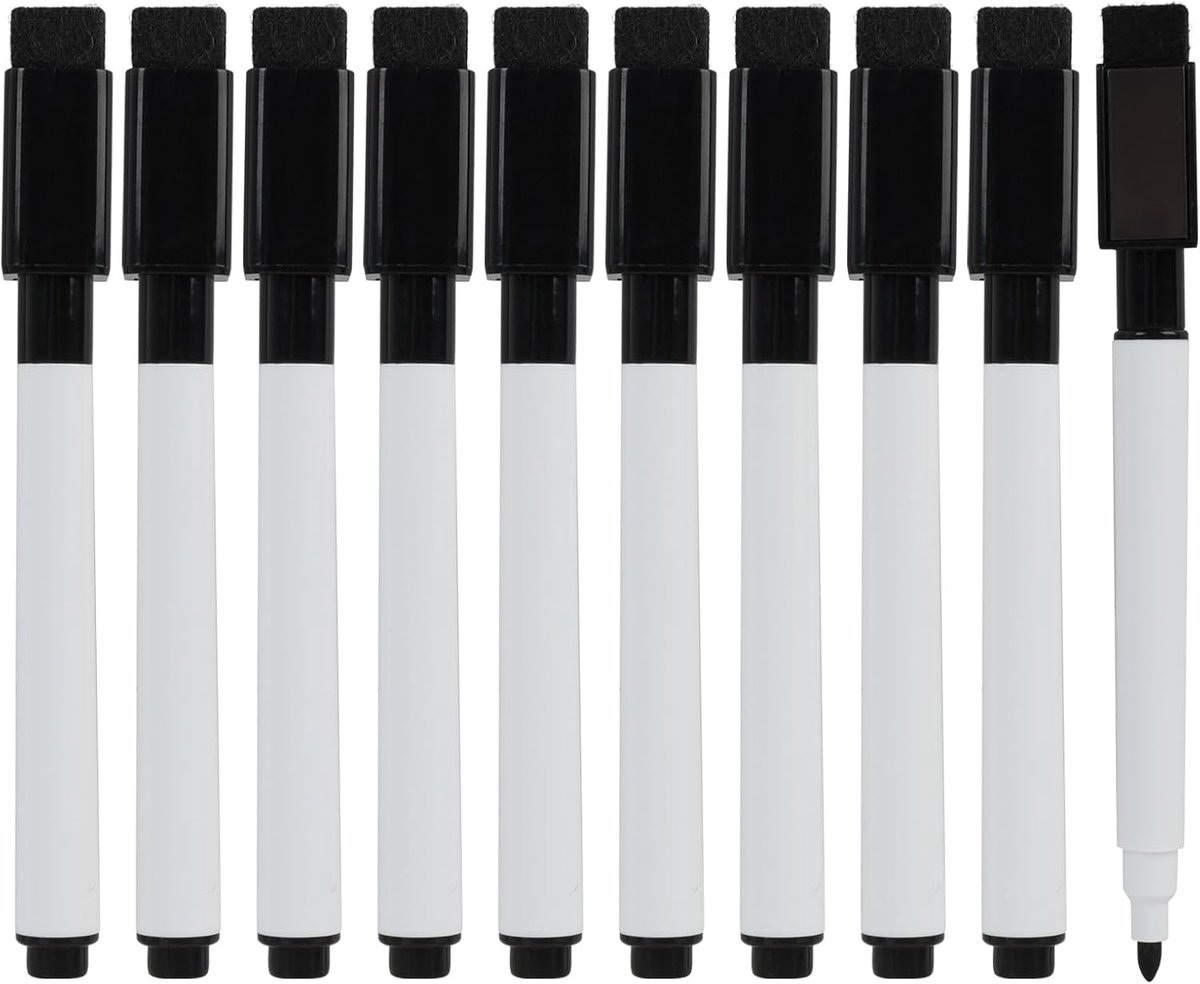 Set van 10 Zwarte Magnetische Whiteboard Markers, Veegbare Stiften met Magnetische Dop, Ideaal voor School, Kantoor en Creatieve Projecten