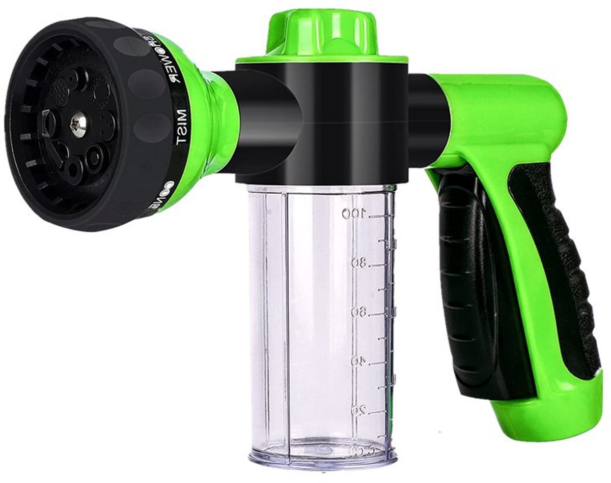 Douchesproeier voor honden – Verbeterde 8-in-1-standen – Hondenshampoosproeier – Inclusief zeepdispenser van 100 ml – Geschikt voor het wassen van huisdieren en het besproeien van gazons, terrassen en auto's – Groen