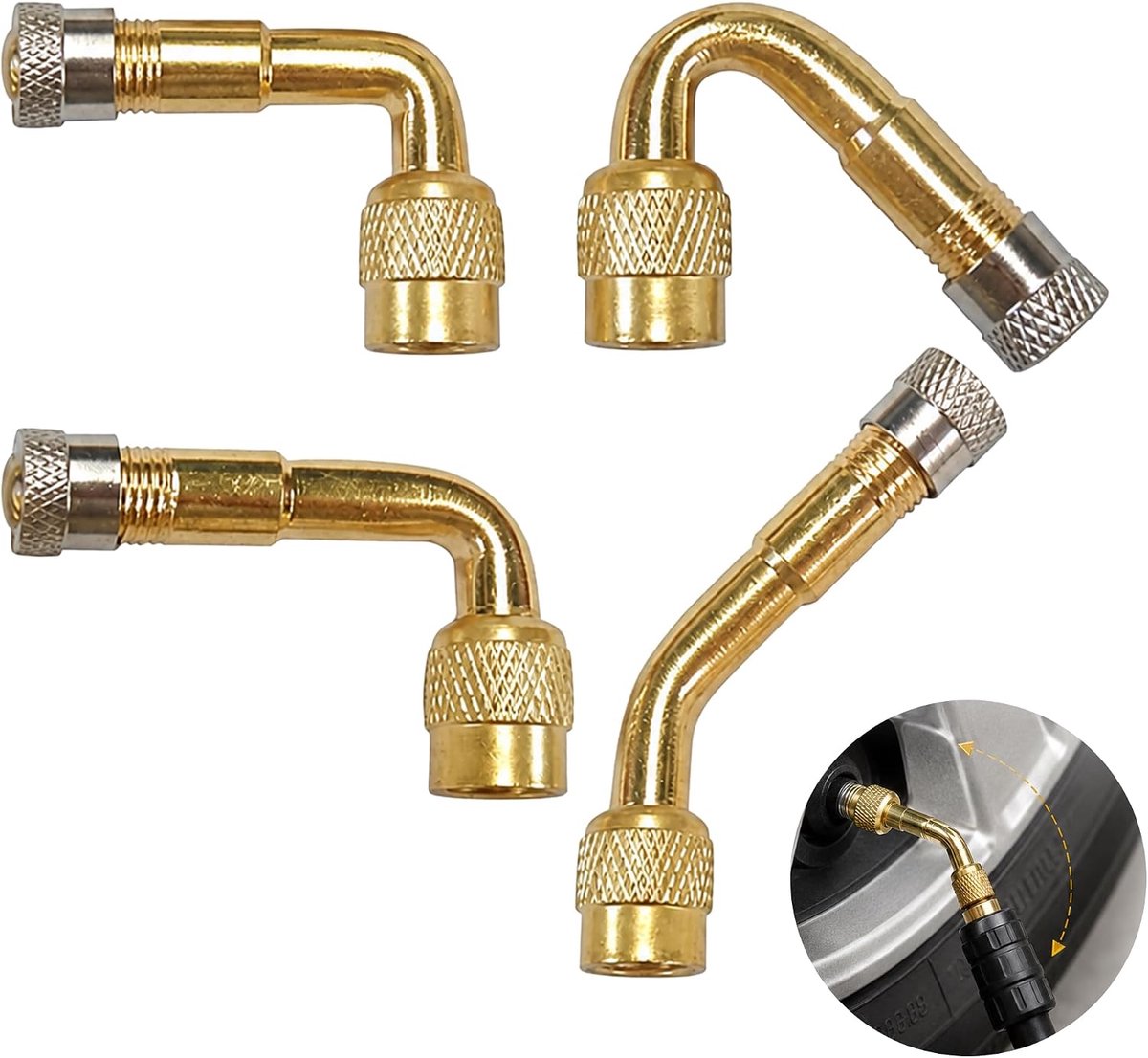 90 graden, 4 stuks ventieladapters 45 ° 90 ° 135 ° van goudkleurig koper, multi-hoek opblaasverlenging, accessoires voor wiel, auto, fiets, scooter