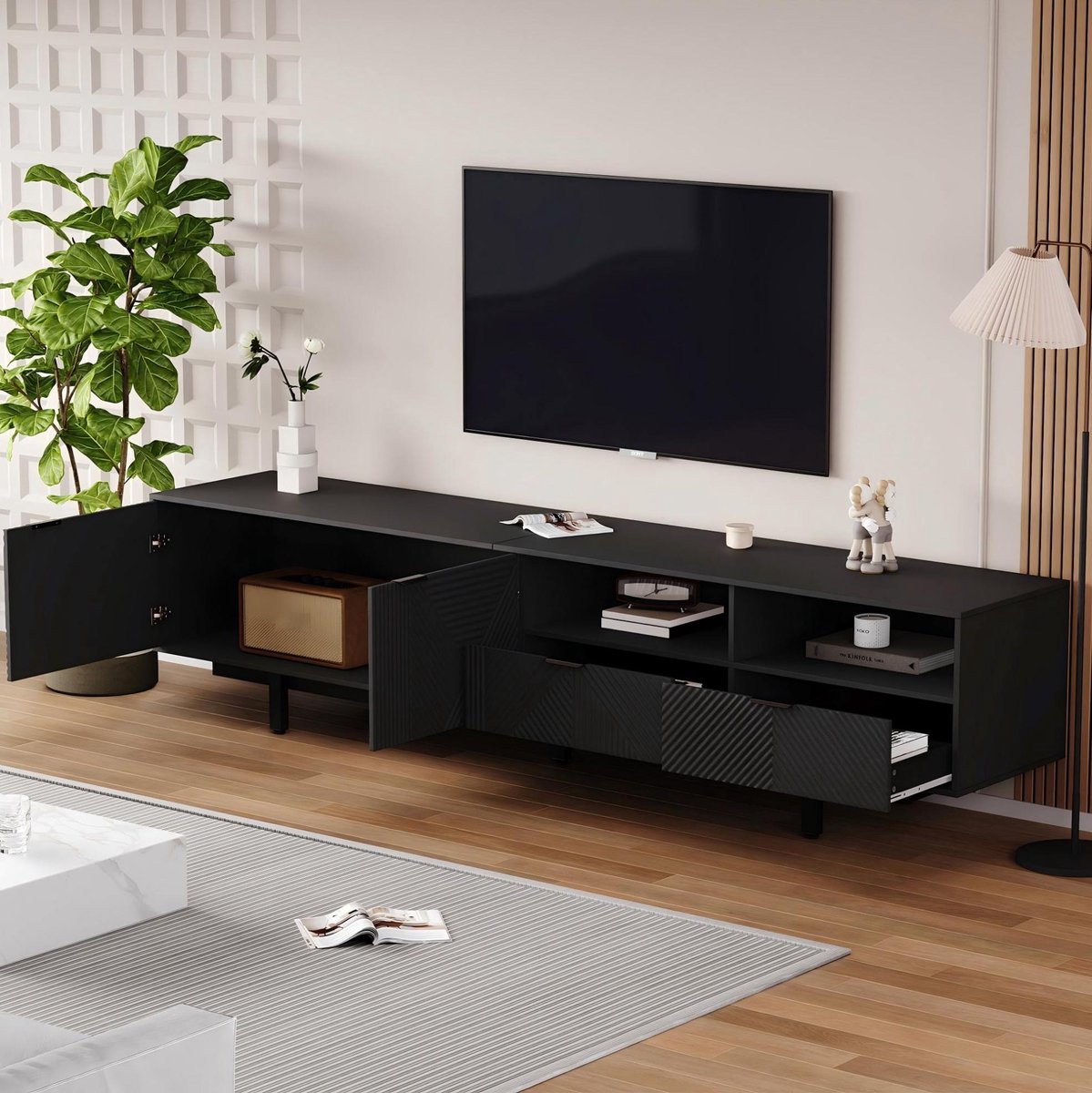 MEUNIQ TV-meubel 200 x 40 x 51 cm met 2 deuren, open vakken en kabeldoorvoer voor tv tot 90 inch, zwart geometrisch dressoir voor woonkamer
