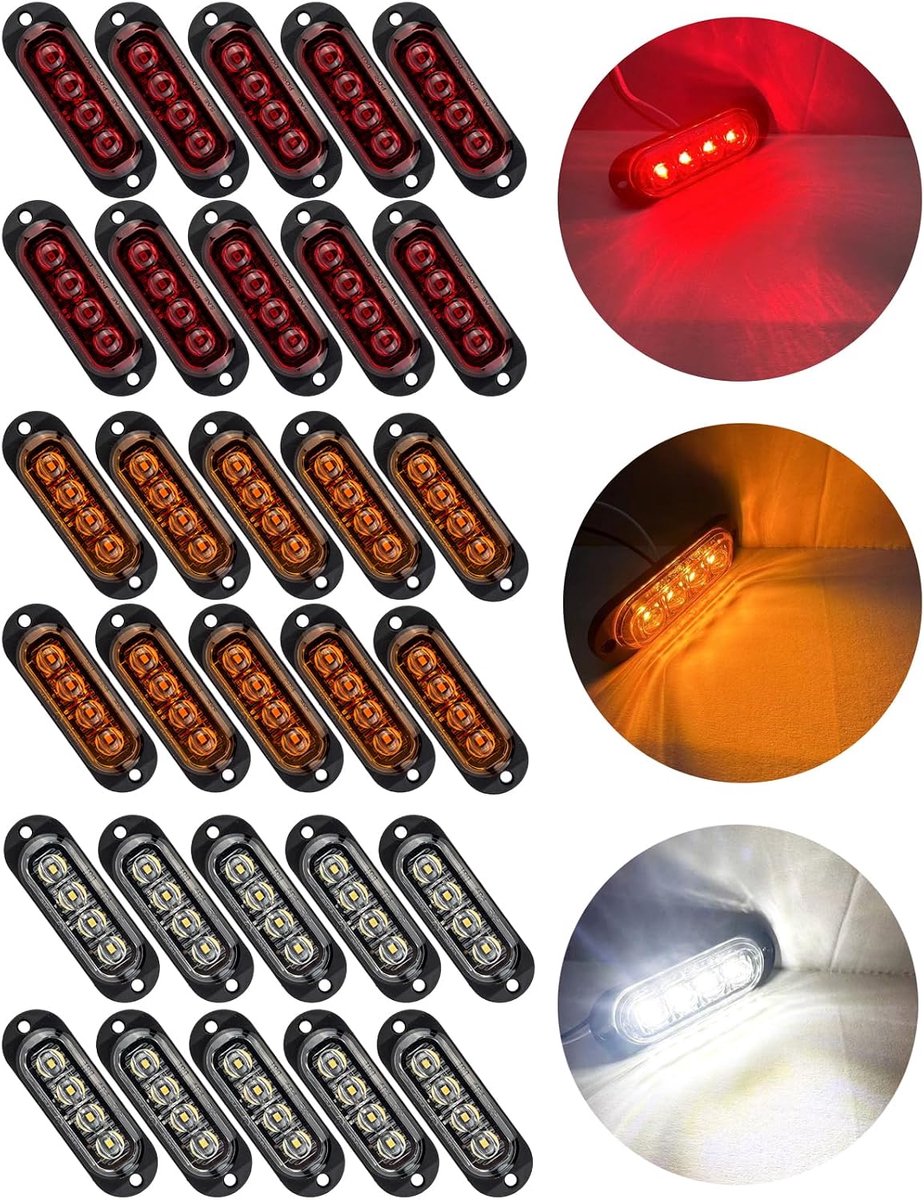30 x 4 led-zijmarkeringslichten, 12/24 V, led-aanhanger, lamp, 3000 K, waarschuwingslicht, voor vrachtwagen, camper, caravan (Rood+Geel+Wit)