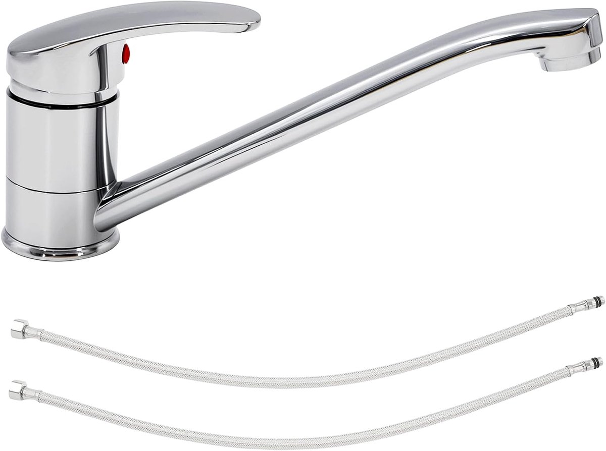 Eengreepsmengkraan chroom, 360° draaibare spoelbakarmatuur met keramische ventielpatroon, keukenkraan incl. 60 cm koud- en warmwaterslangen