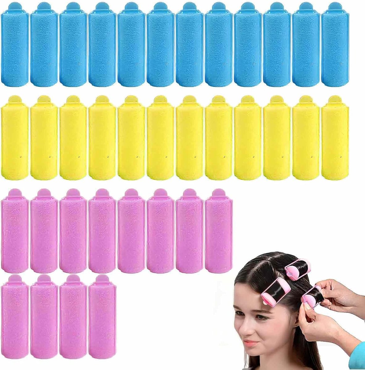 Heatless curls - Roze, Blauw en Gele Schuim Krulspelden Set - 36 Stuks - Voor Alle Leeftijdsgroepen