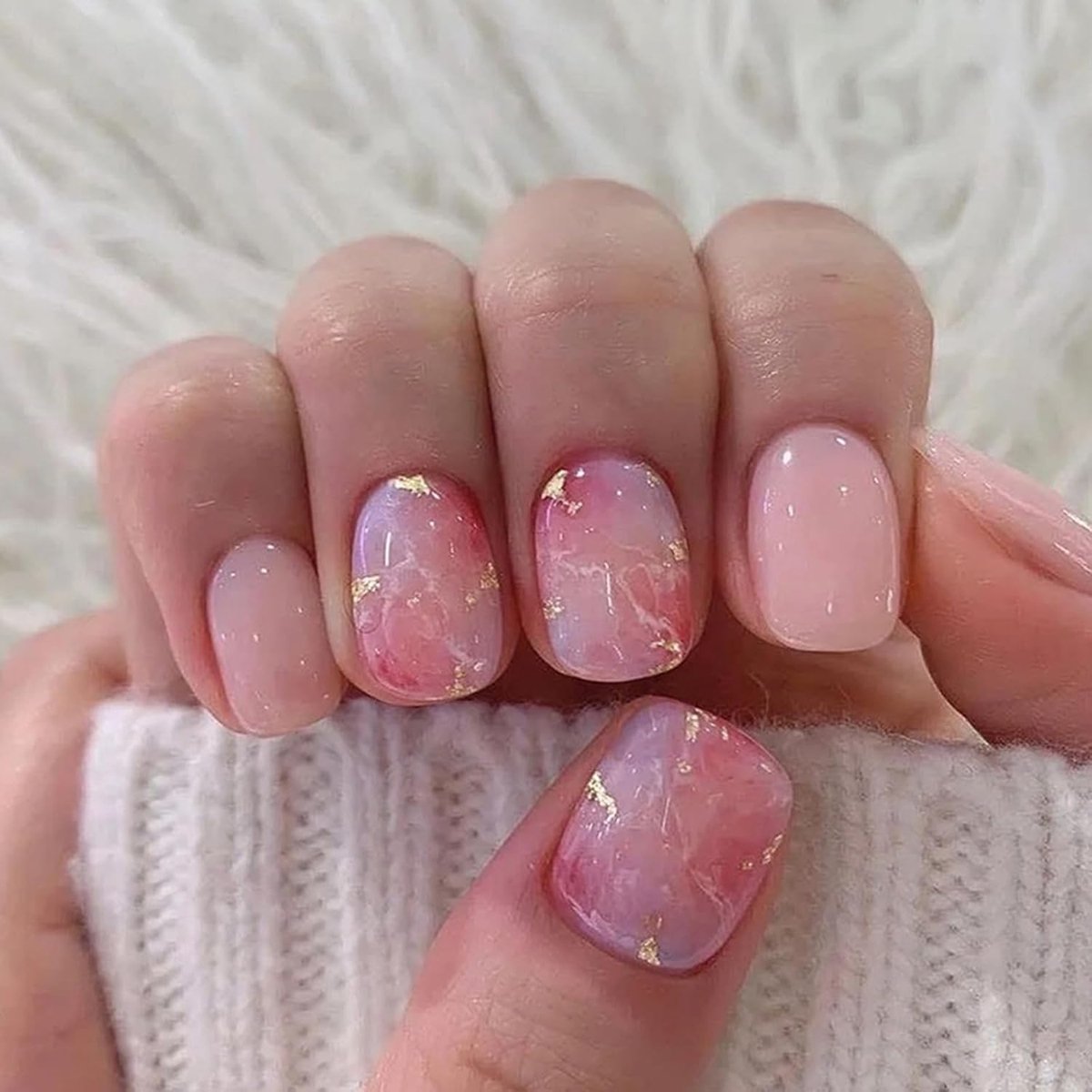24 stuks press-on nagels, kort, roze en goud, glitter, kunstnagels om op te plakken, Franse full cover kunstnagels met nagellijm, vierkante acryl vingernagels om op te plakken, voor vrouwen