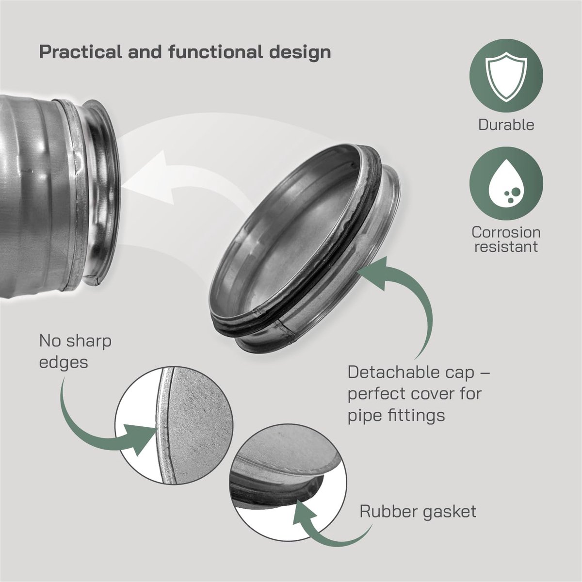 Systems 6 inch verzinkt stalen eindkap. 6 inch kanaalfitting diameter. leidingeinde beker. riool eindbeker. stalen plug met rubberen pakking. droger buisstekker