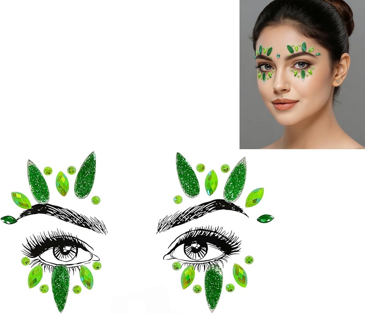 Tijdelijke glittertatoeages, 1 stuk, glitter, sierstenen, strass, gezicht, juwelen, kristallen, gezicht, strassteentjes voor muziekcarnaval, feest, Halloween, Kerstmis, verjaardag, make-up (groen)