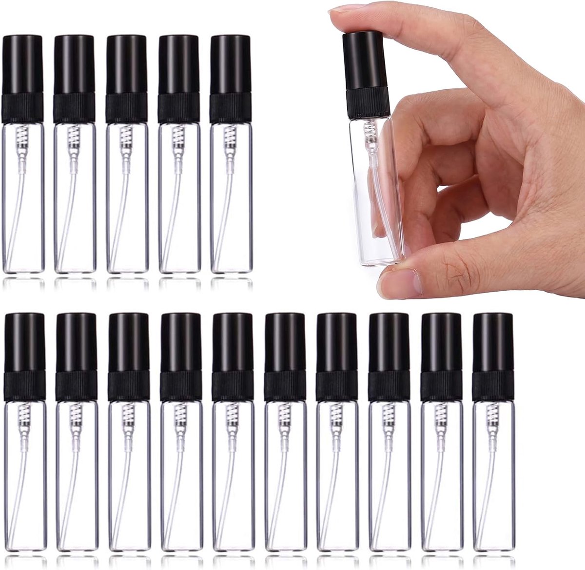 Verstuivers van 5 ml, lege parfumflessen met zwarte schenktuit, navulbare reisparfumhouder, draagbare spuitflessen voor cosmetica en etherische oliën, 15 stuks